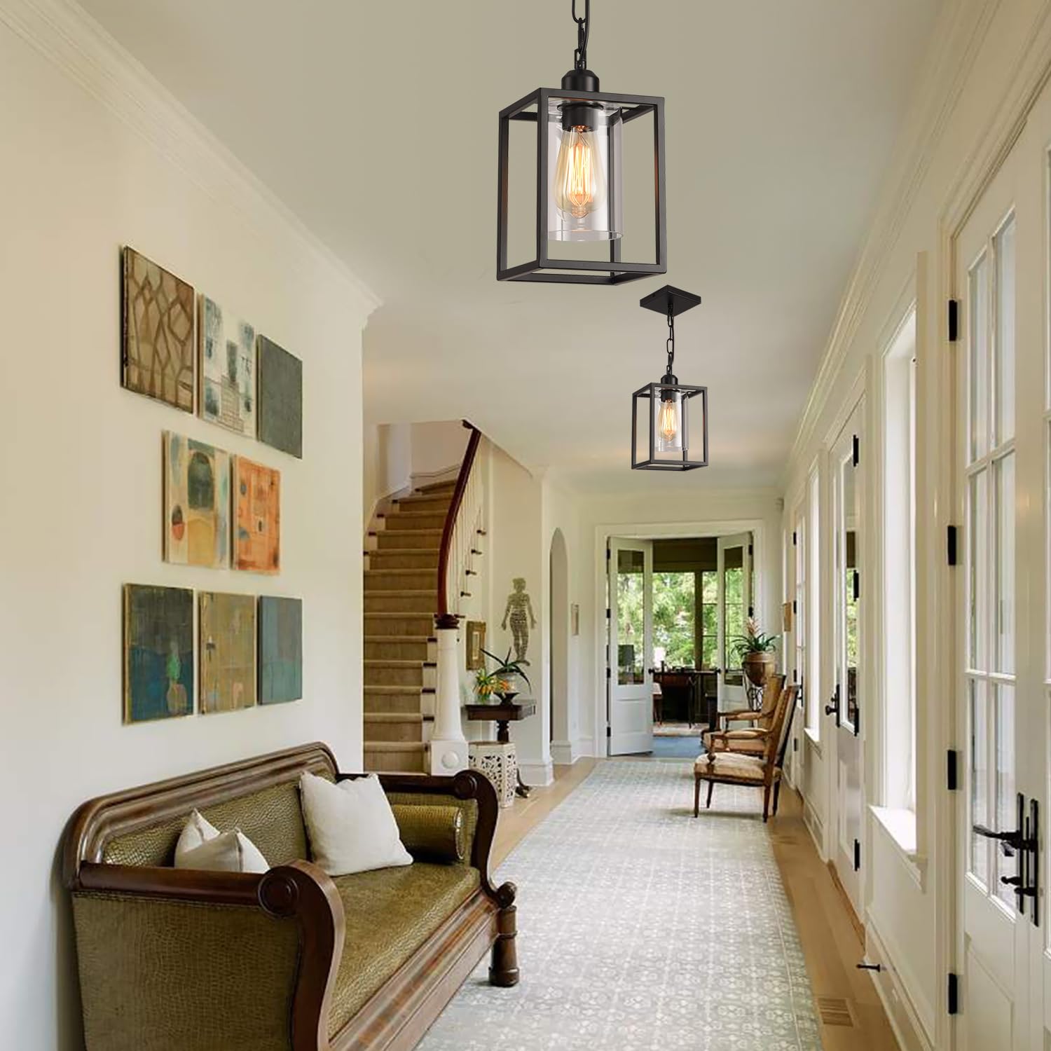 Ihengyanlt 2 Pack Farmhouse Pendant Light,Black Metal Frame Hanging Light Fixture With Clear Glass Shade, Adjustable Chains Indu