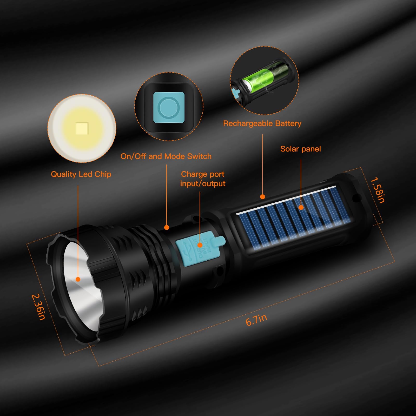 VOETIR Led Solar Flashlight, 1500 Lumens, IP65 Waterproof, 2000mAh Battery, 2 Packs, Black, Model VOETIR-F