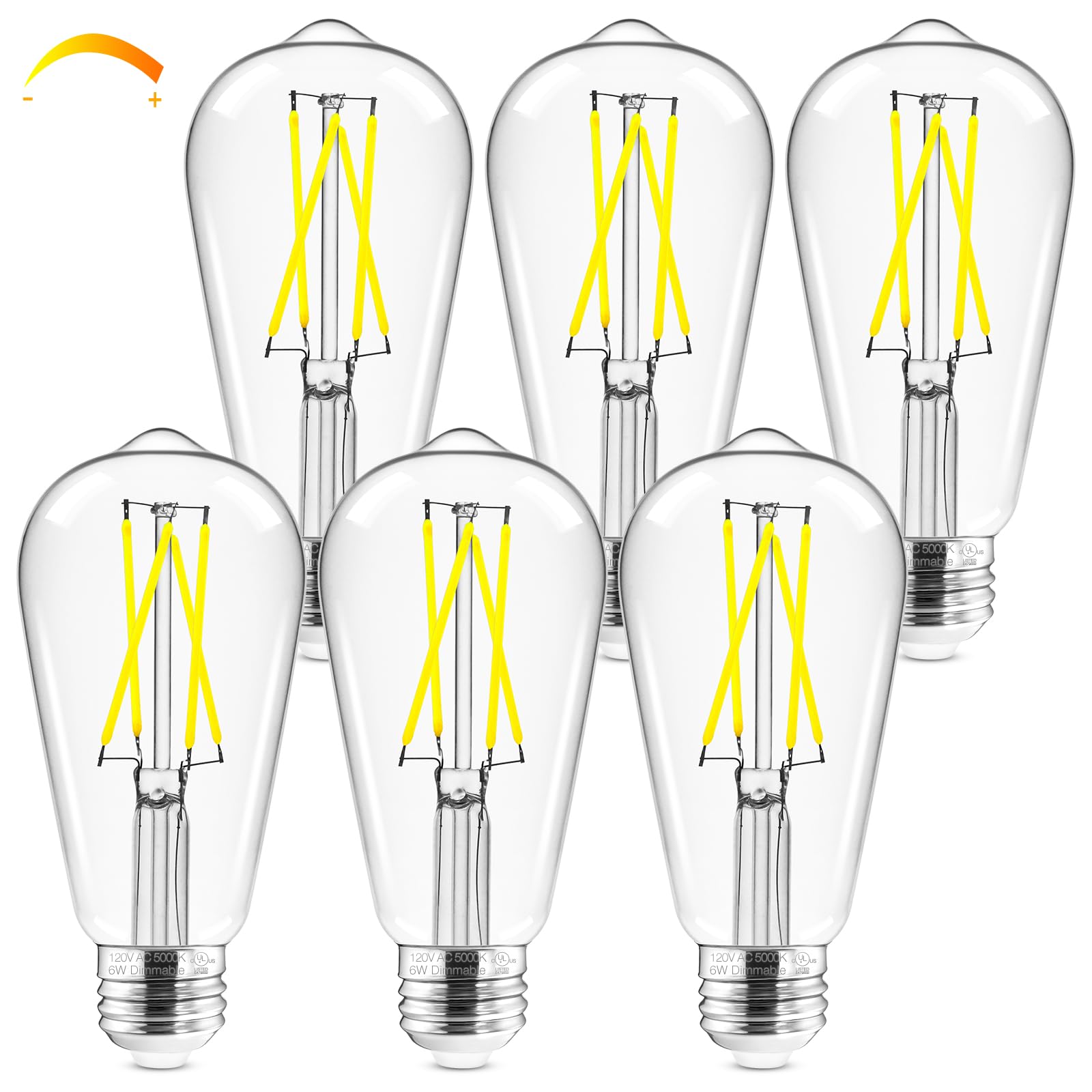Hizashi LED Edison Bulbs, 6W (60W Equivalent), Dimmable, Daylight 5000K, Clear Glass, 6 Pack, Model LY-ST58-6W