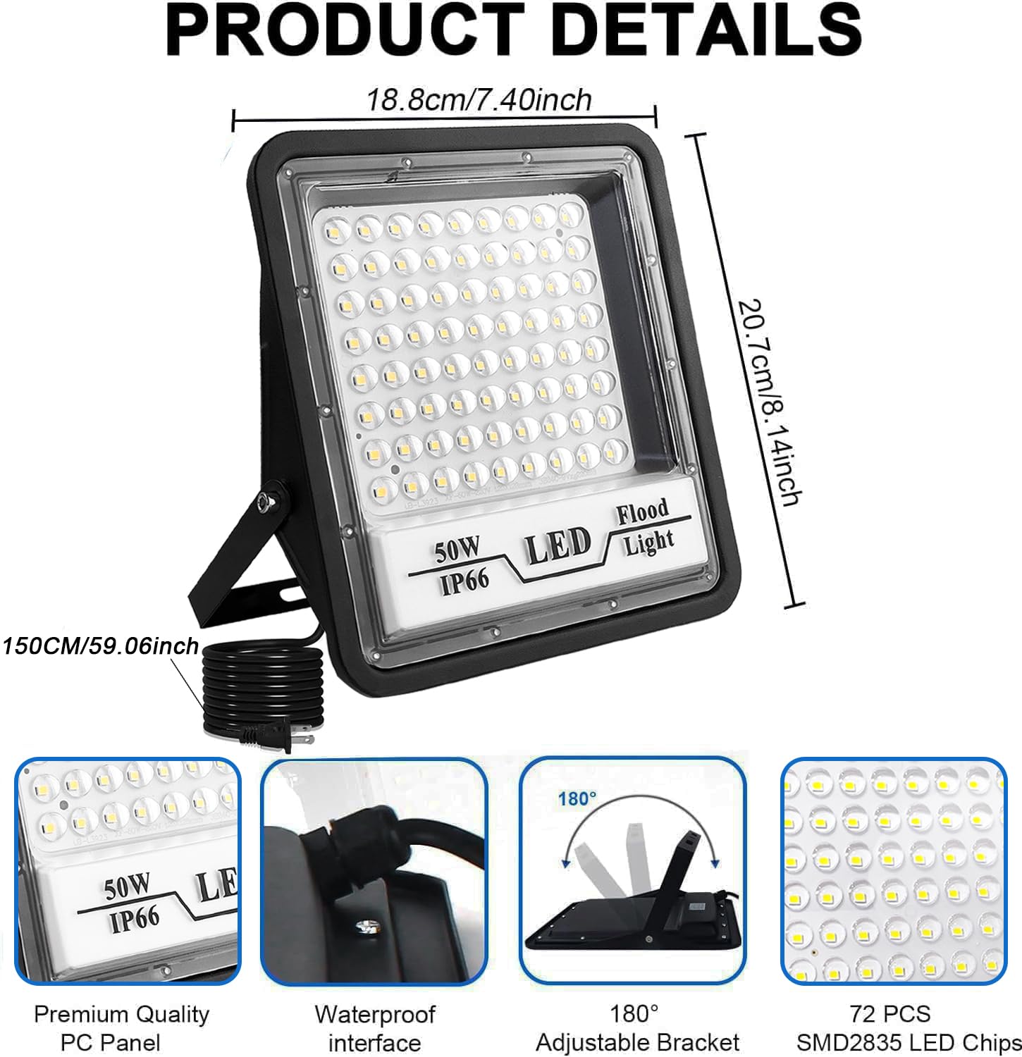 CREATESTAR 50W LED Flood Lights, 6000LM Bright Outdoor Work Light, IP66 Waterproof, Black, Model CHX-FL-A, 2 Pack