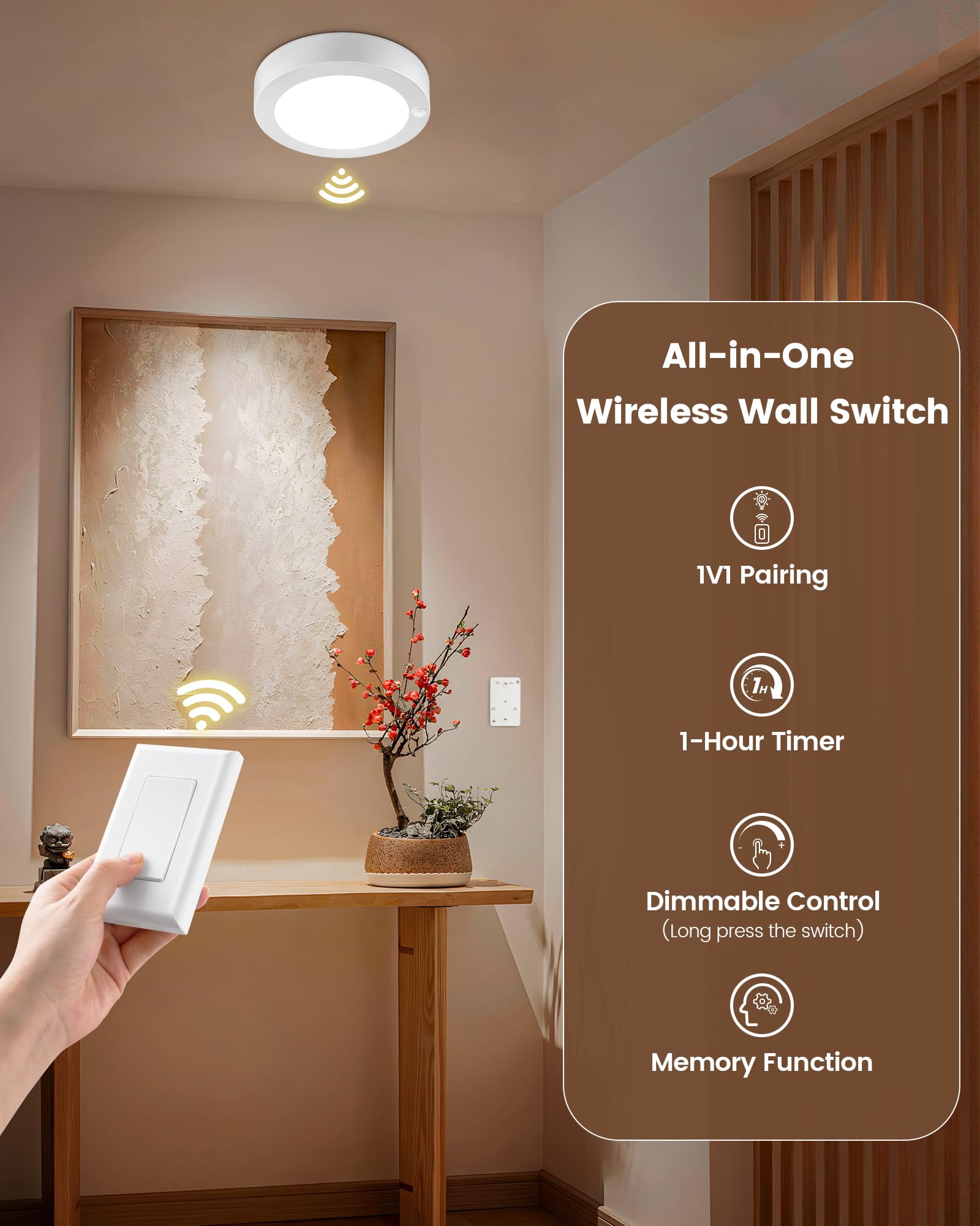 Suraielec Rechargeable Ceiling Light With Wall Switch, 8000Mah Battery Ceiling Light Indoor, Wall Switch Remote Or Motion Sensor