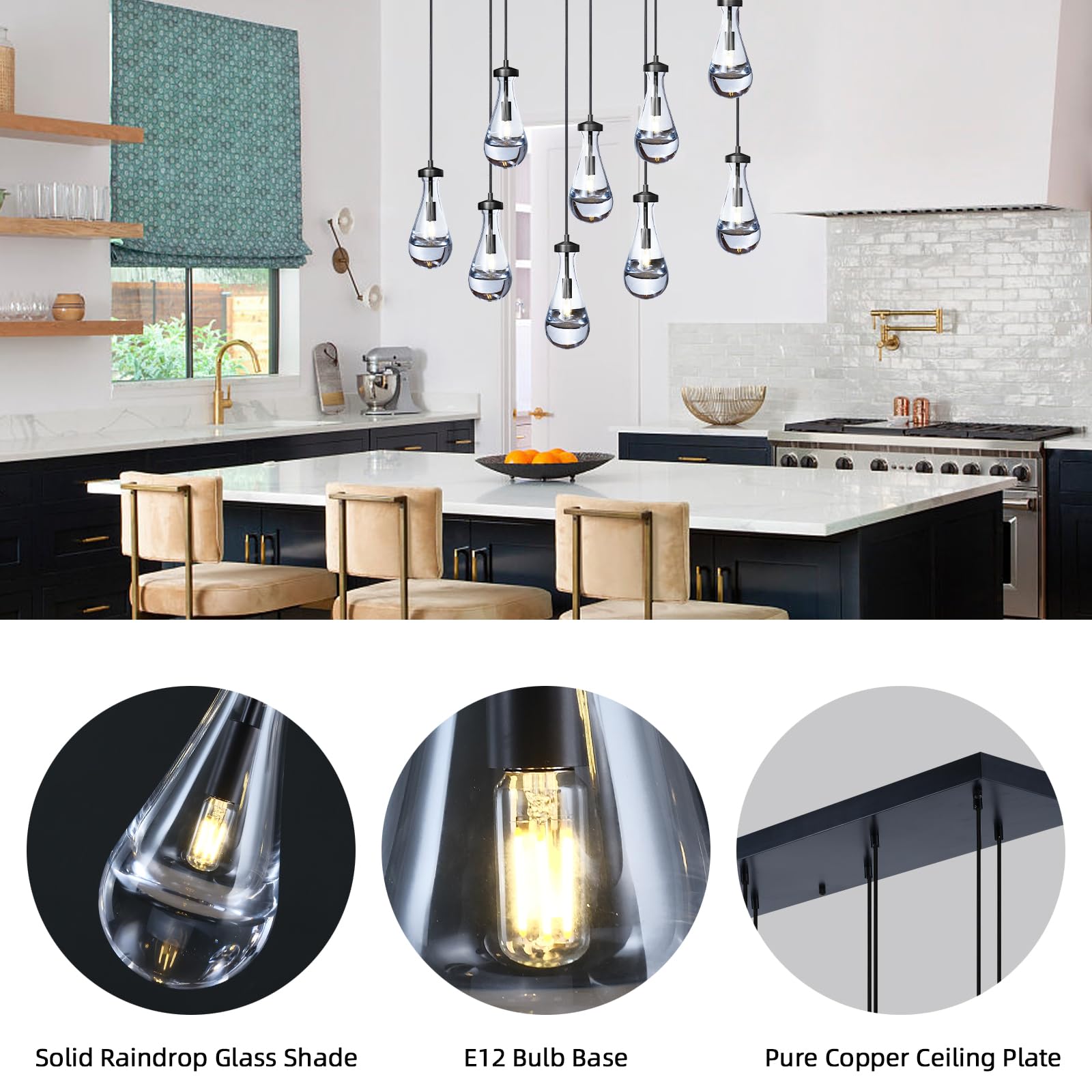 Joyunleo 9-Light Raindrop Chandelier, Adjustable Black Glass Pendant Light for Dining Room, Model YD-9-Light2