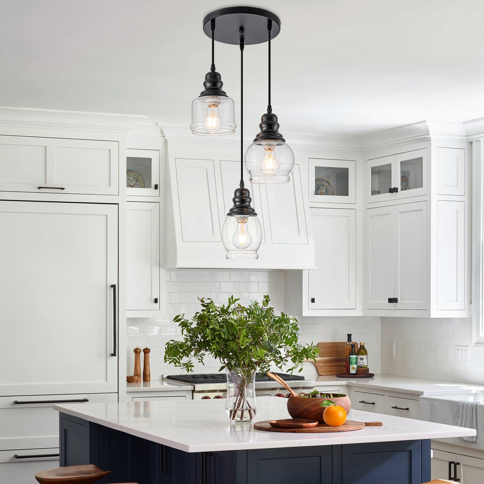 Wilon 3 Light Pendant Light Fixtures, Pendant Lighting For Kitchen Island Industrial Hanging Pendant Lighting With Seeded Glass