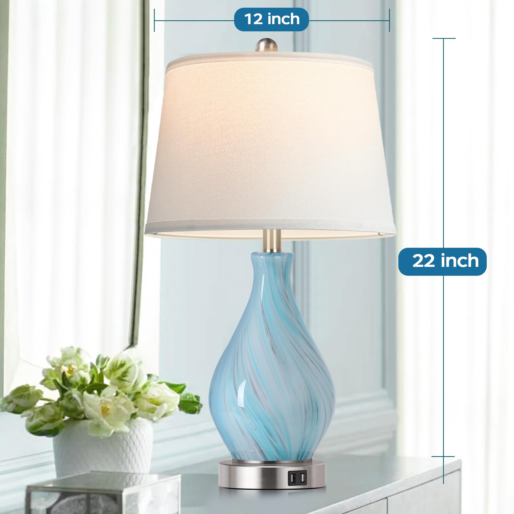 PARTPHONER Modern Accent Table Lamp Set of 2, 22in Touch Control, Faded Swirl Blue Gray Glass, Dimmable with USB Ports