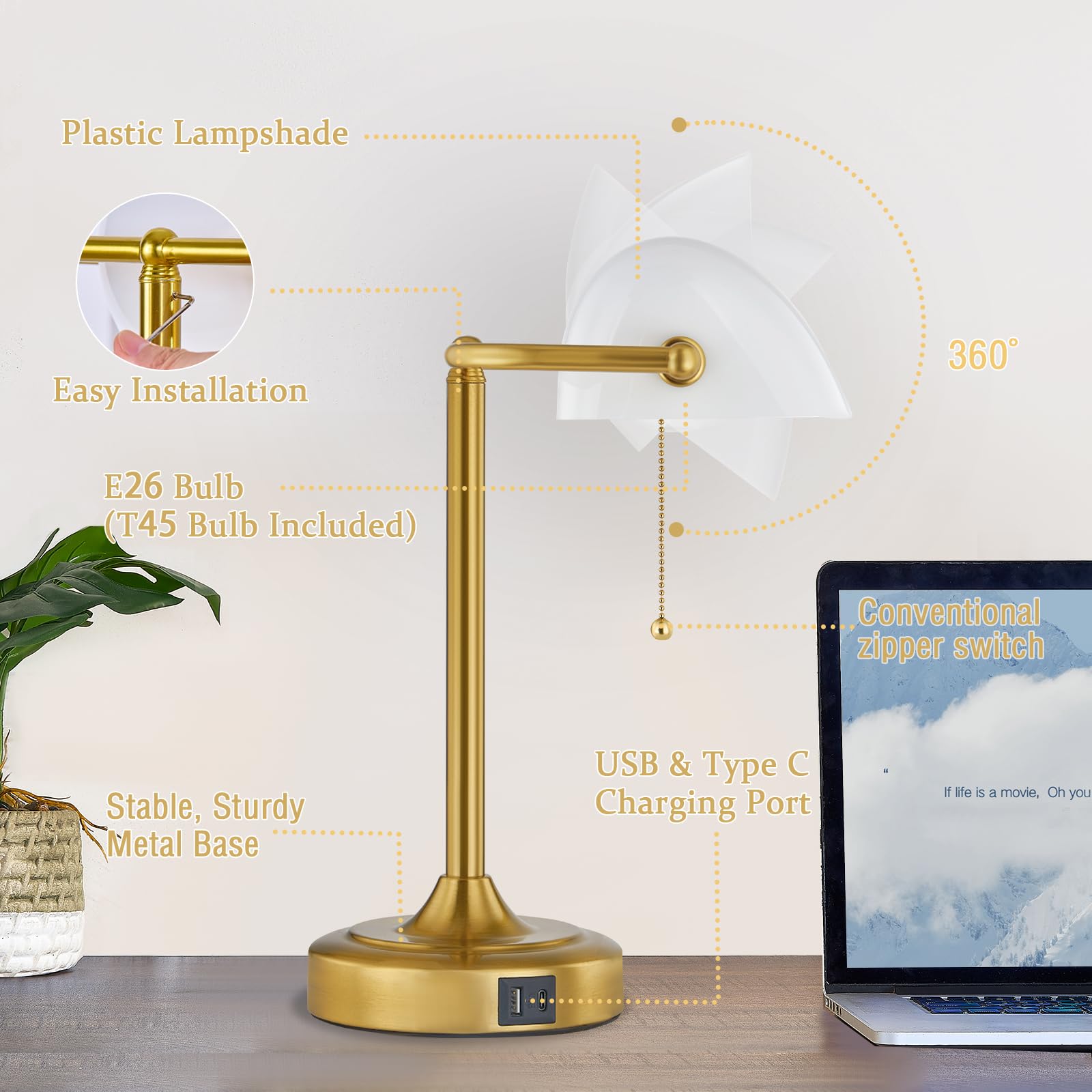 Vintage Desk Lamp Bankers Lamp - Retro Table Lamp With Usb & Type C Charging Ports Traditional Pull Chain Switch Library Lamp Fo