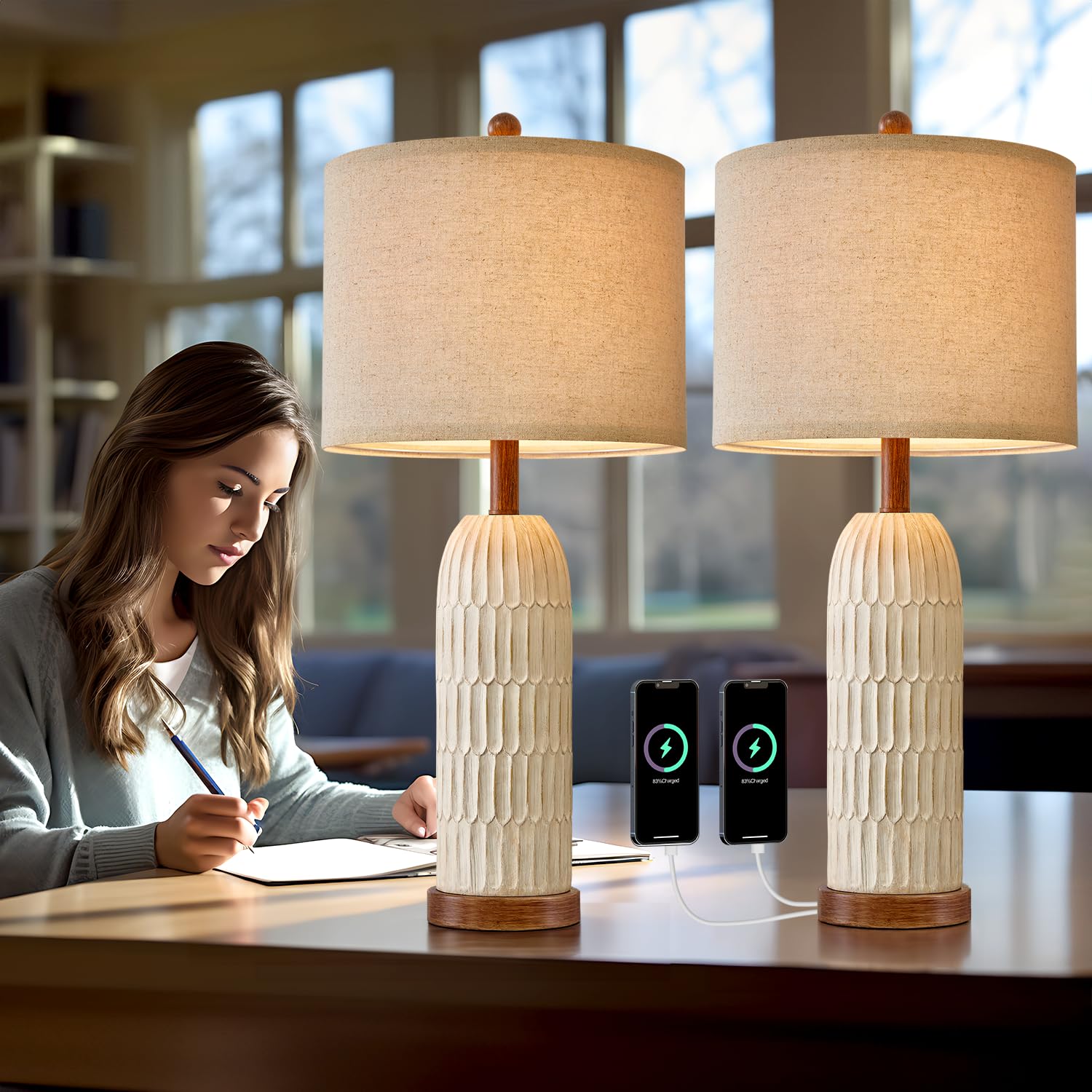 Oyears 26.5&quot; Brown Table Lamp Set Of 2 With Usb Charging Ports - Modern Farmhouse Nightstand Lamps