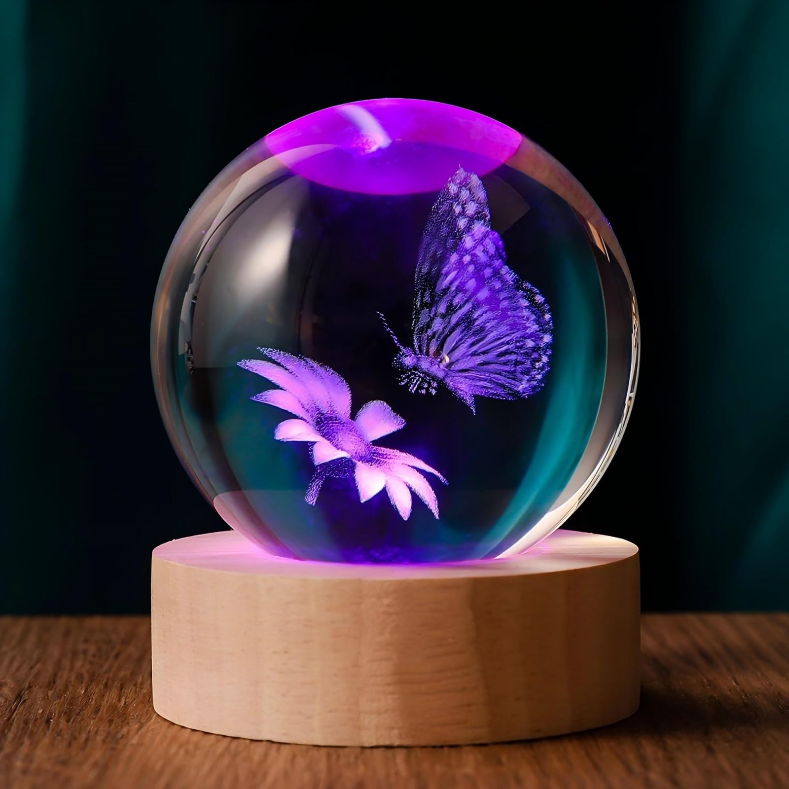 QIANRUNA 3D Butterfly 60mm Crystal Ball Butterfly Night Light Lamp Gifts for Women Wife Girlfriend Mom Couple Her Butterfly Figu