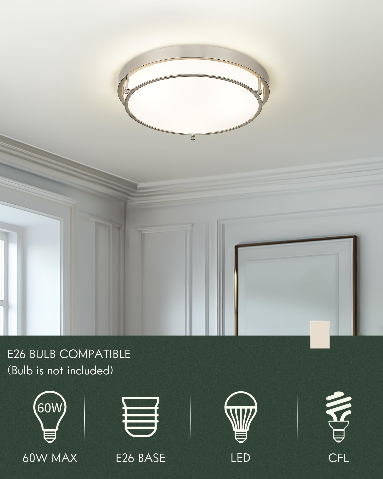 Cargifak 16 Inch Close To Ceiling Light Fixtures, Brushed Nickel Farmhouse Ceiling Light With 3 Light For Laundry Kitchen Bedroo