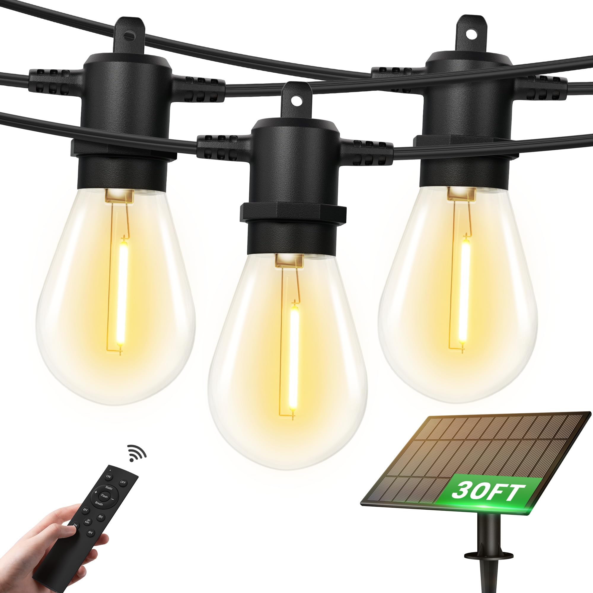 Outdoor Solar String Lights, 30FT Waterproof S14 LED Patio Lights with 13 Shatterproof Bulbs, USB Rechargeable, 2200K Warm White