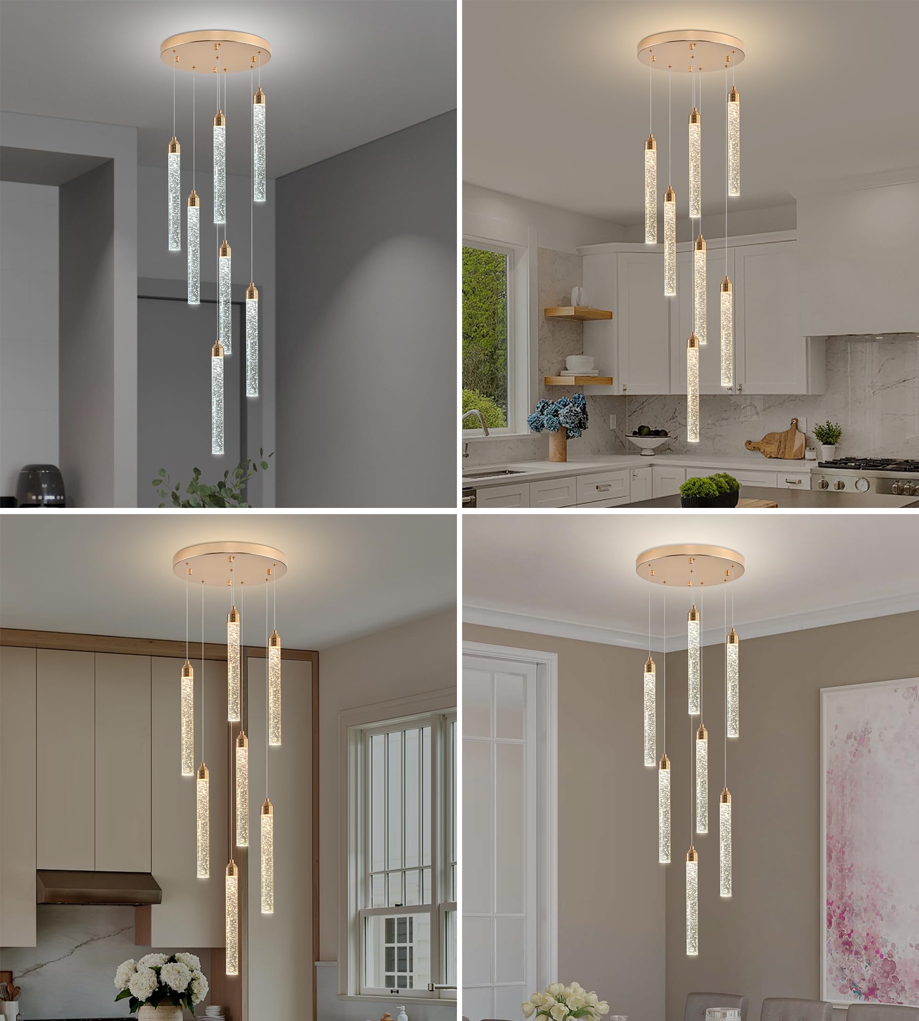 YwueChwu 7-Light High Ceiling Crystal Staircase Chandelier Gold, Modern Spiral Raindrop Dimmable LED Bubble Cluster Ceiling Hang