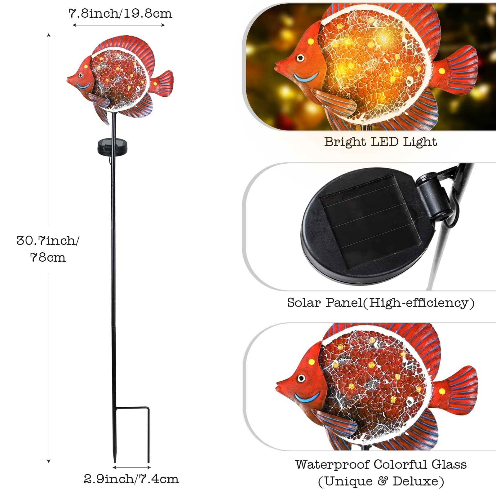 Yiosax Solar Outdoor Decorative Lights - Waterproof 7 LED Clownfish Garden Stakes - Red - Model Yiosax-2409 for Lawn & Path Decoration
