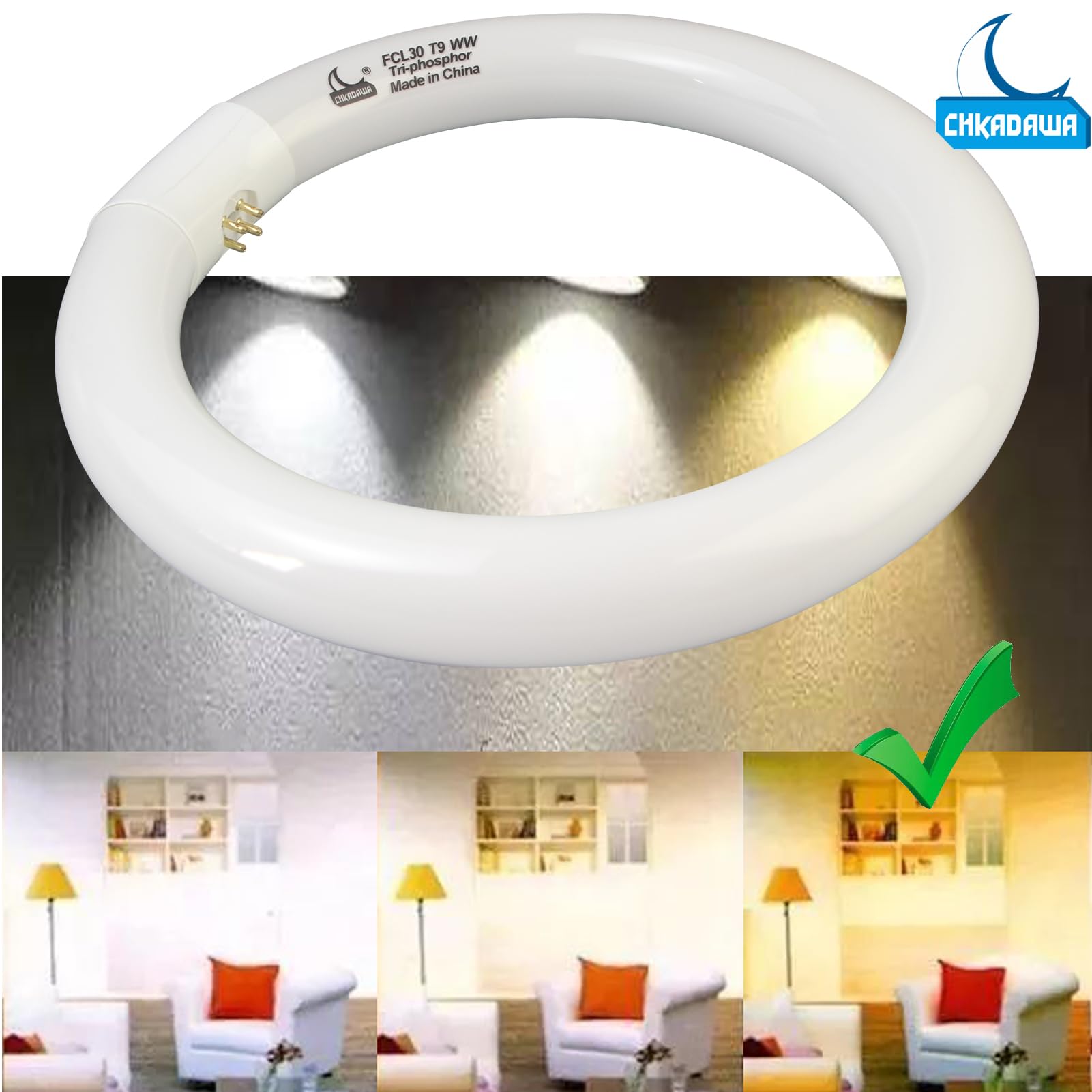 Chkadawa Fcl30/30K Circular Fluorescent Light Bulbs T9 9 Inch 30 Watts, Round Fcl30Ex-L 27K Circline Light Bulb Fc9T9/Kb 30W 830 3000K, 32030 Ww Warm White, G10Q 4 Pin Base, 2 Pack