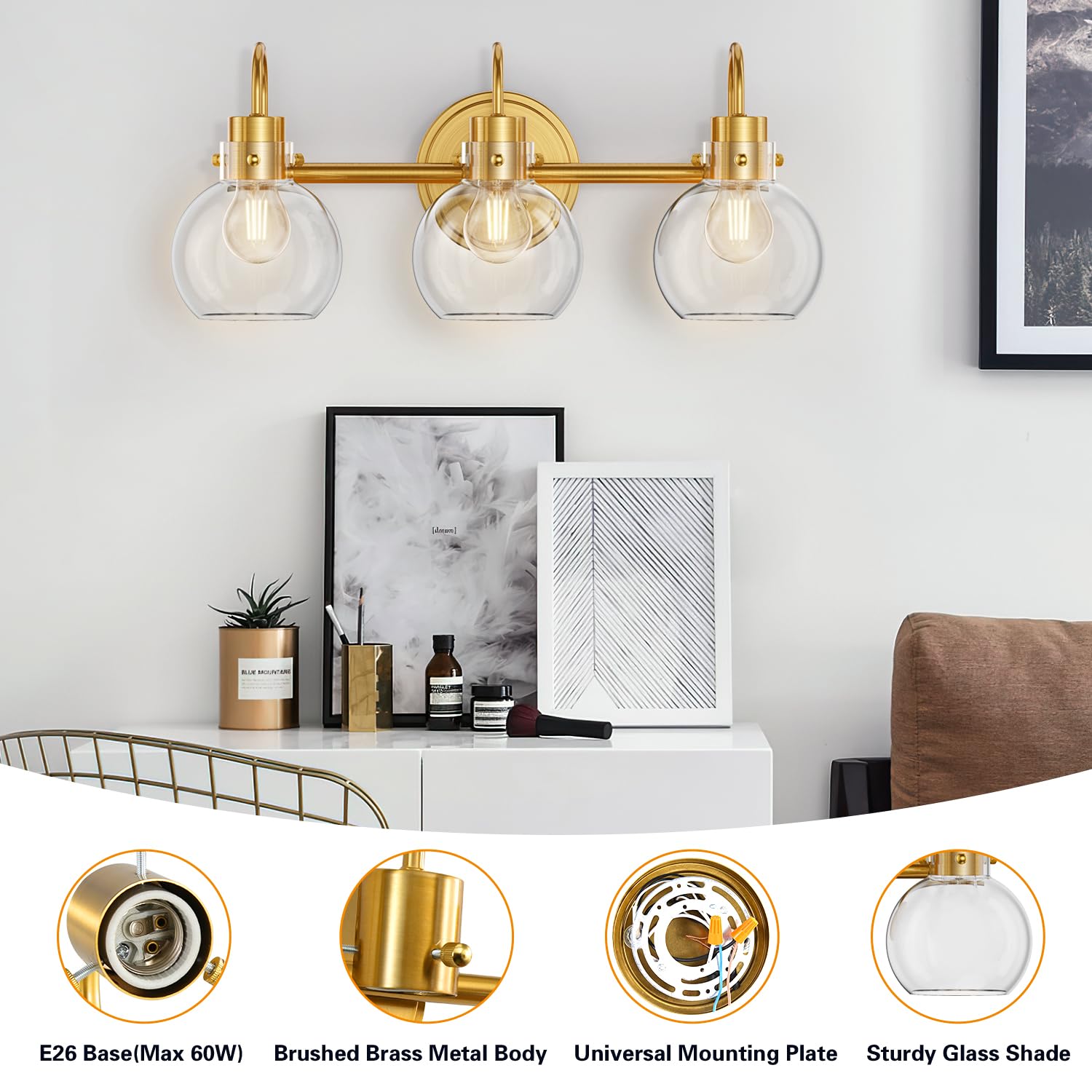 Apenath 3-Light Vanity Light, Brushed Brass Bathroom Fixture With Clear Glass Shade