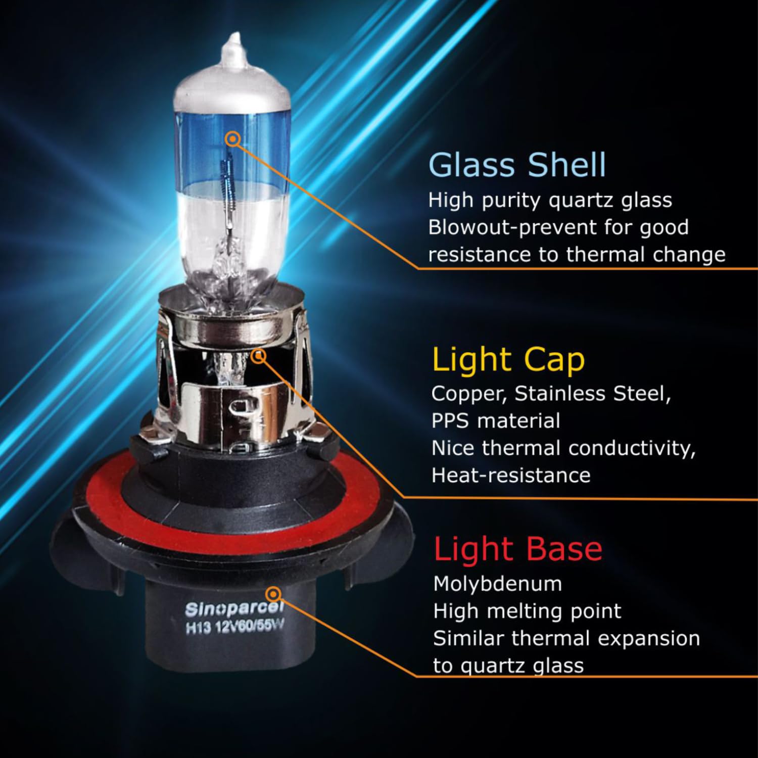 Sinoparcel H13 Halogen Headlight Bulb Pack of 2, 270% More Brightness, 5000K Color, High and Low Beam Replacement