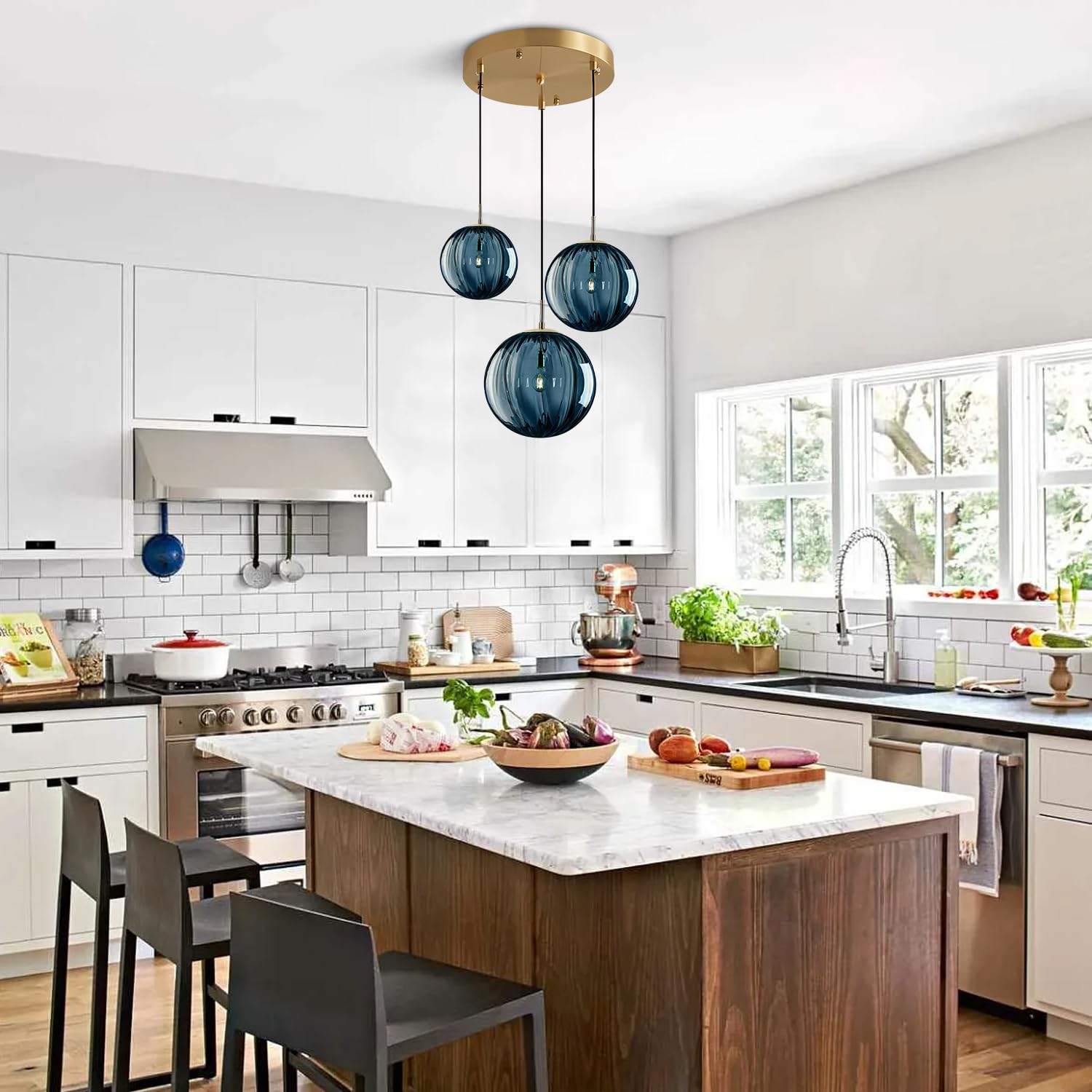 Kco Mid Century Modern Blue Glass Pendant Light Fixture, 3-Lights Brass Gold Ceiling Lamp