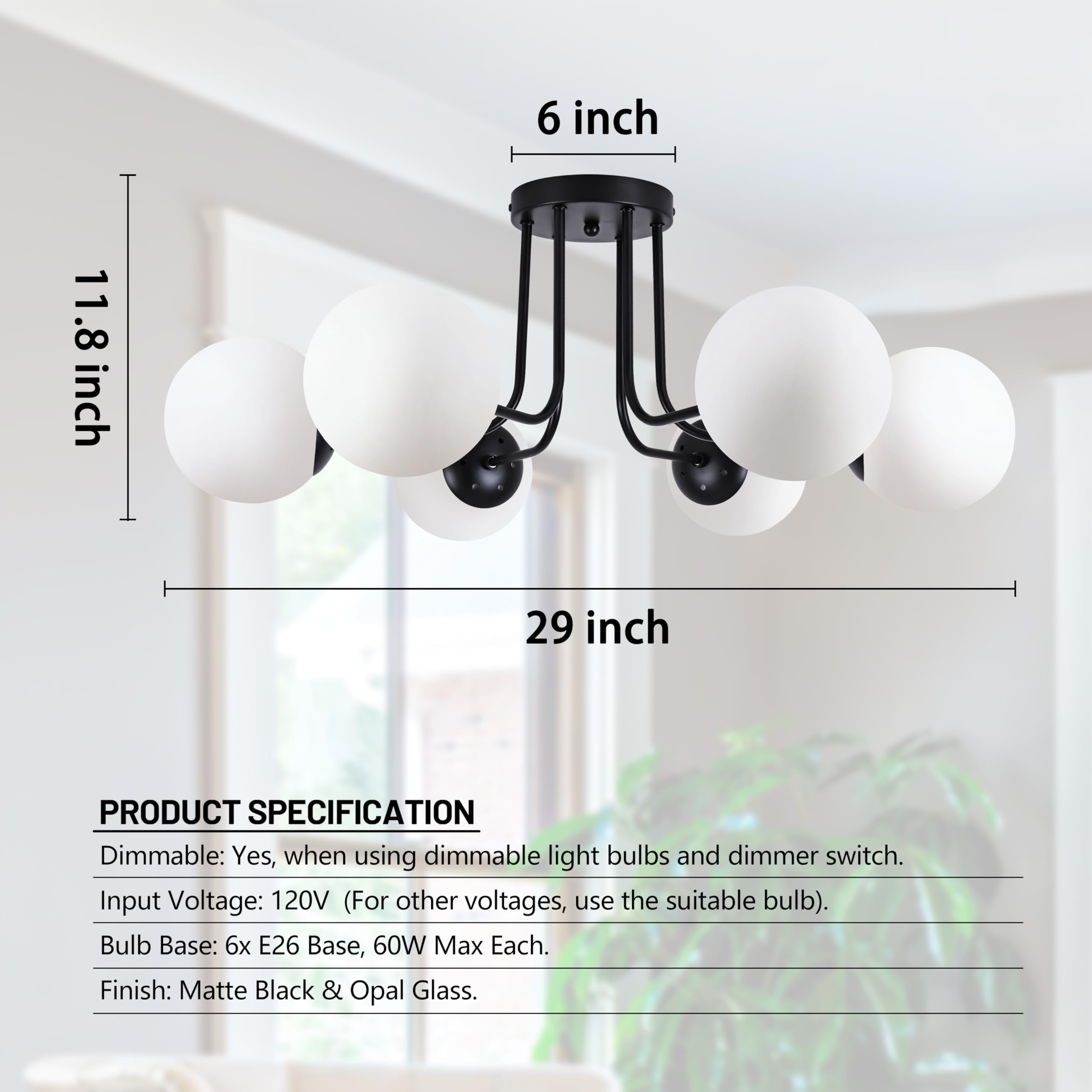 Koko&Yukina 6-Light Modern Semi Flush Mount Ceiling Light Fixture Mid Century Ceiling Light Globe Ceiling Light With Milk Glass