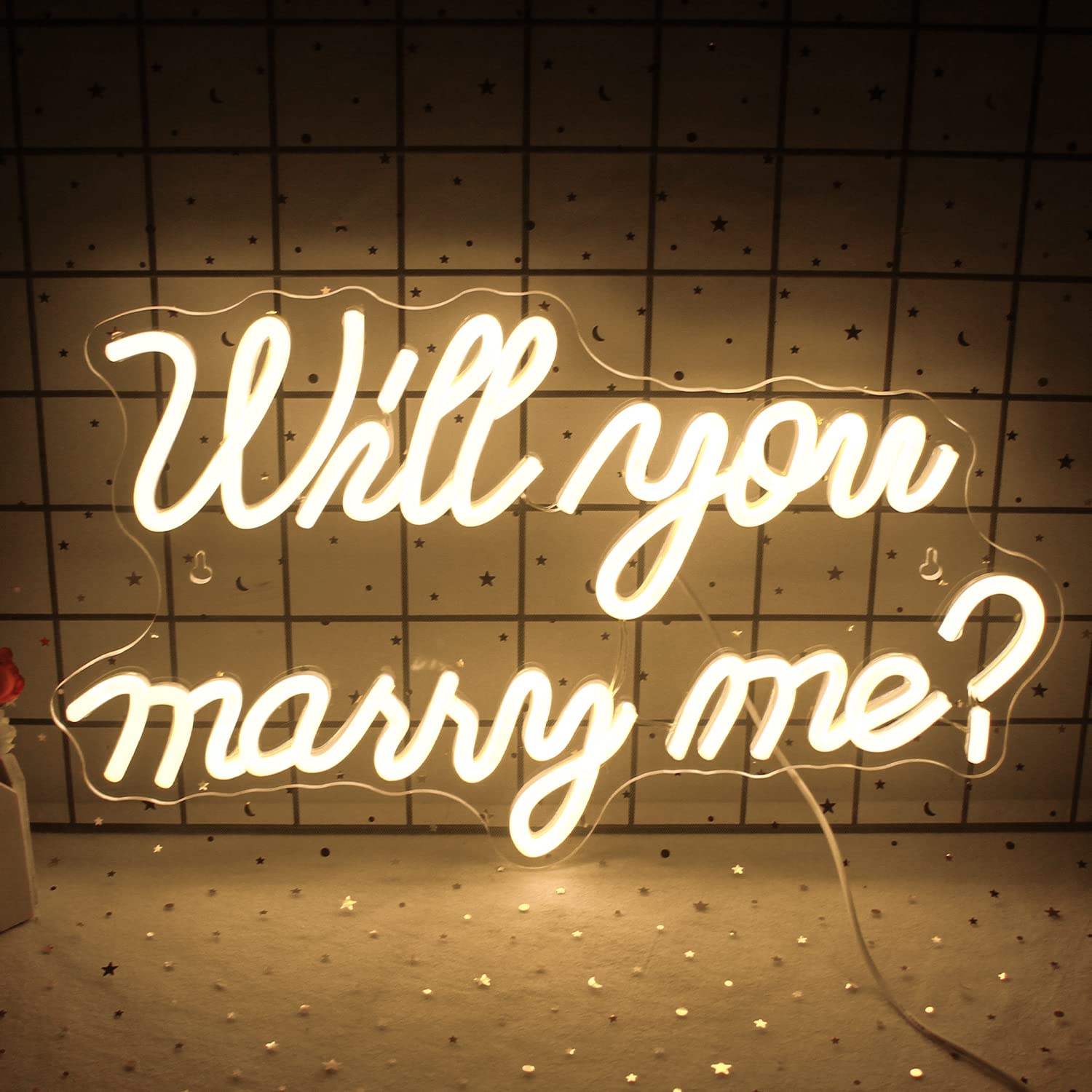 Wanxing Neon Sign - Will You Marry Me LED Wall Decor - Warm White - 16.5 x 9.8 inches - USB Powered for Weddings and Proposals