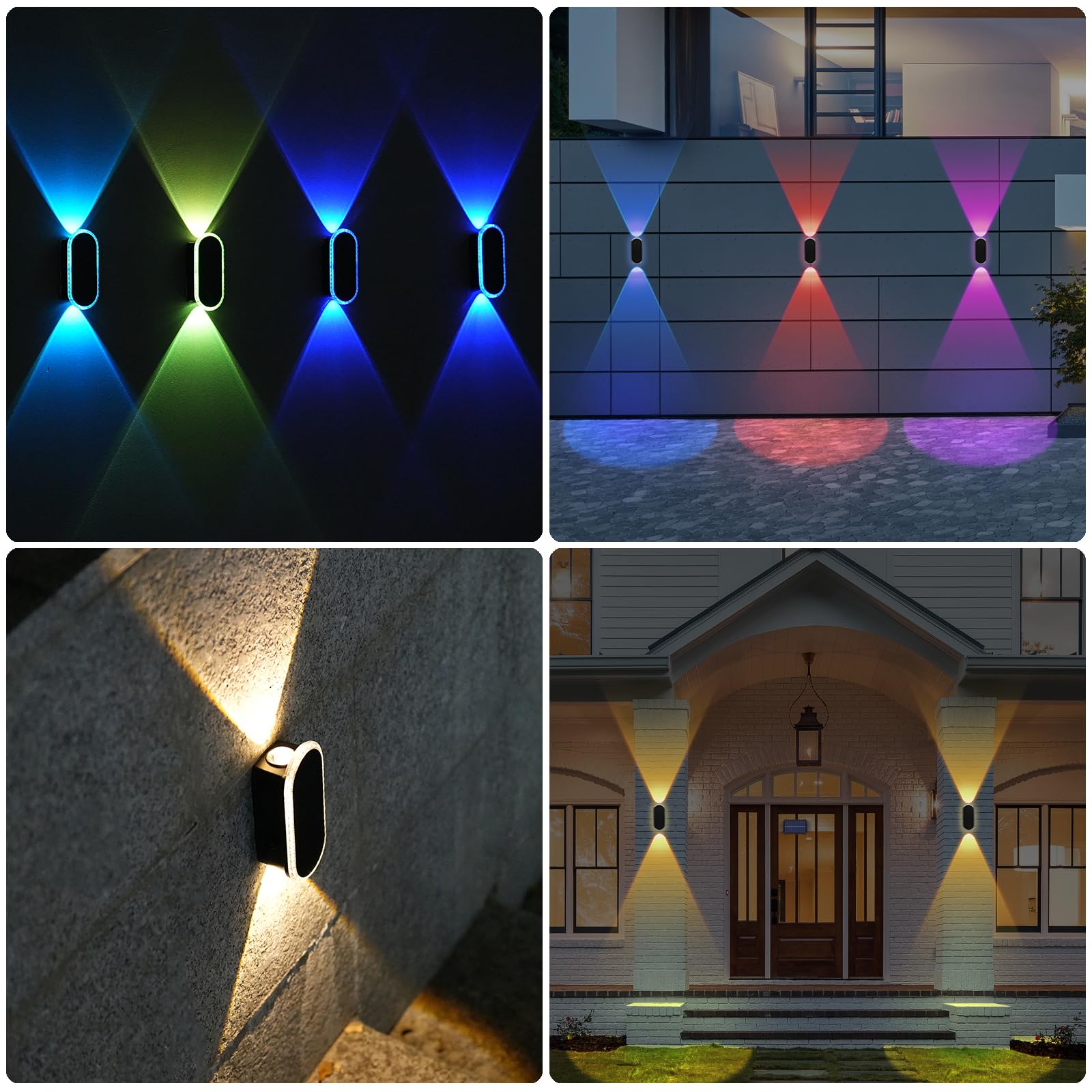 Herzila 6 Pack Solar Fence Wall Lights Outdoor Rgbw 8-Color Changing, Ip65 Waterproof Dual Lens Up/Down Lighting Solar Fence Lig