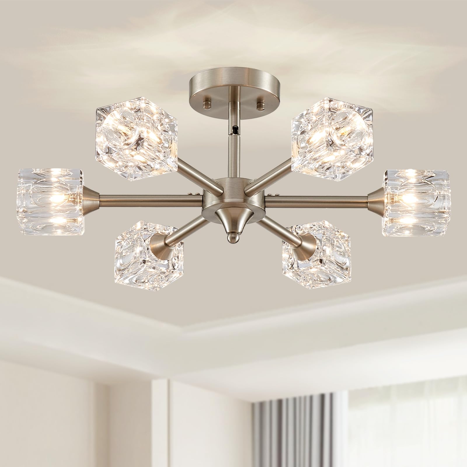 Xingqi Brushed Nickel Chandelier 6-Light 22'' Semi Flush Mount Ceiling Light Fixture Modern Round Sputnik Chandelier For Bedroom