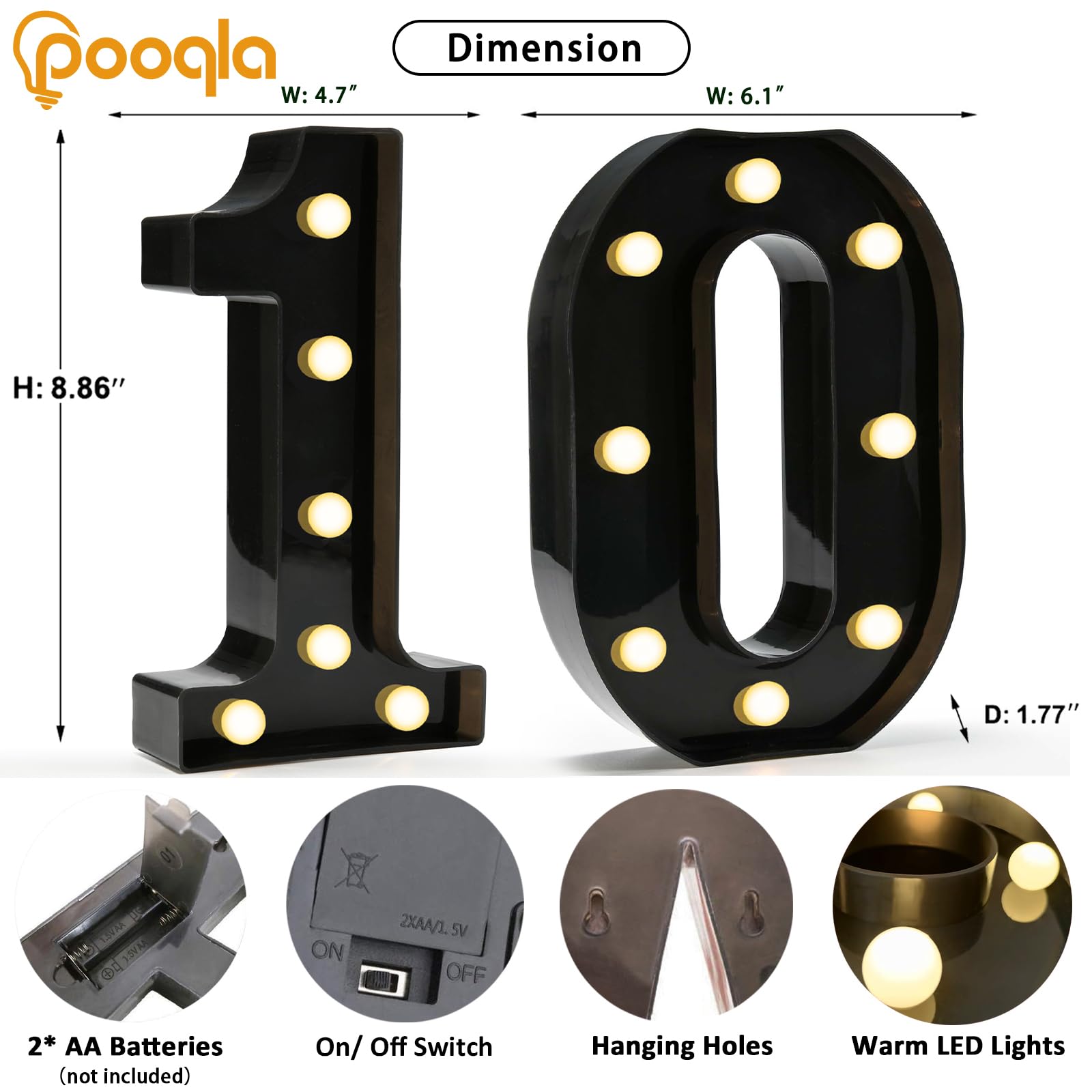 Pooqla Decorative Led Light Up Number Letters, Black Plastic Marquee Number Lights Sign For 10Th Birthday Party Wedding Decor Battery Operated Black Number 10