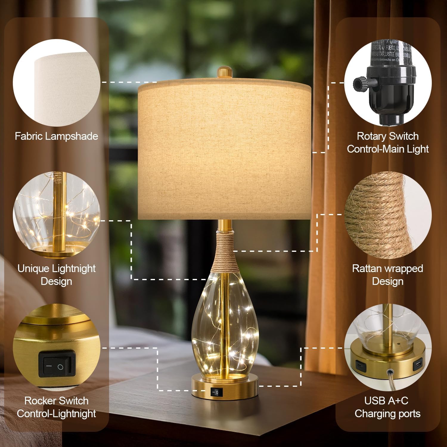 OYEARS 23" Glass Table Lamps Set of 2, Gold Rattan Boho Design with USB C+A, Model AMZ-T1140GL-U for Bedroom and Living Room