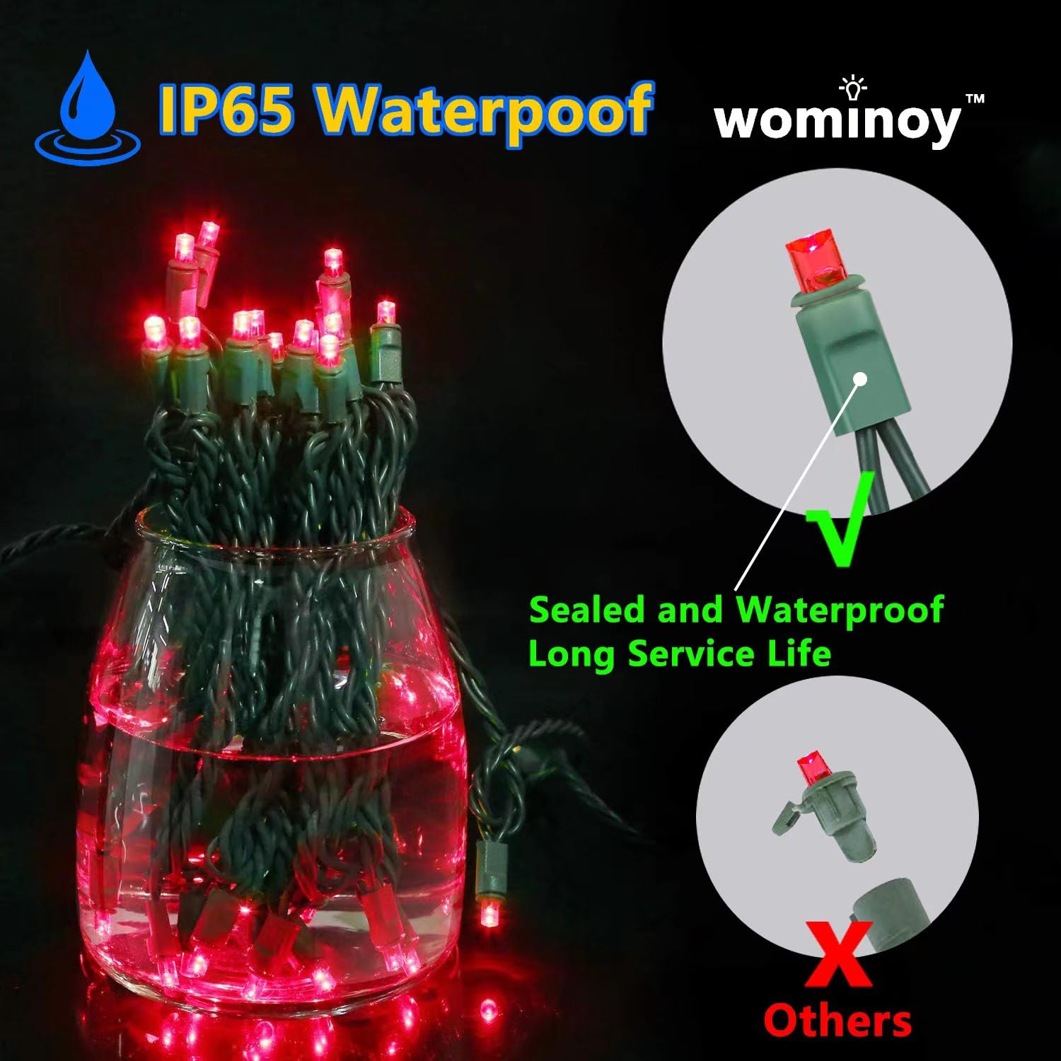 Wominoy 25Ft 50 Counts Red Led Christmas Lights - Commercial Grade Red Christmas Lights Outdoor Waterproof, Red Led Lights 5Mm W