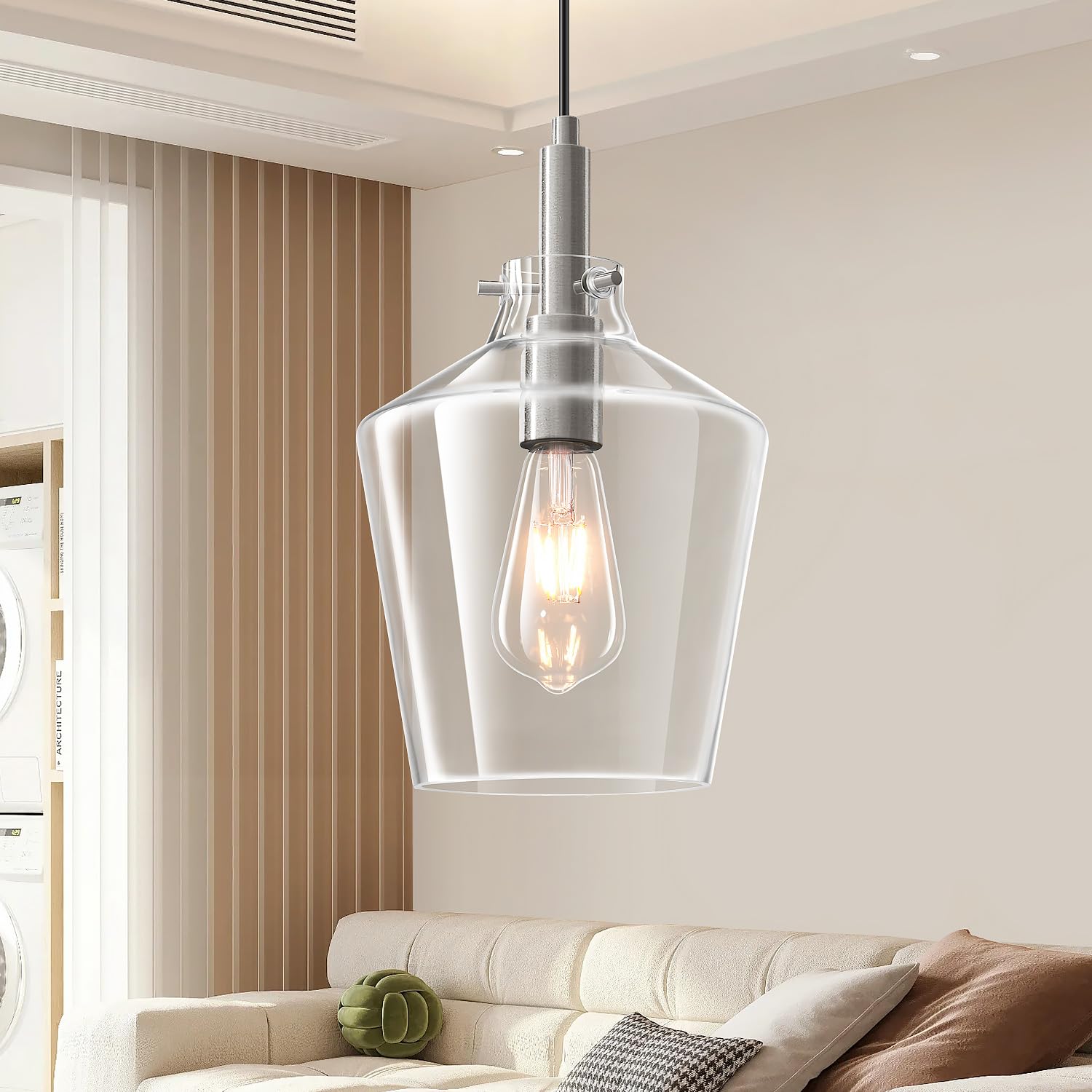 Vaziden Modern Glass Pendant Lighting For Kitchen Island  Farmhouse Nickel Pendant Light Fixtures 1 Pack  Adjustable Hanging Ceiling Light Angled Clear Glass Shades 8 Inch