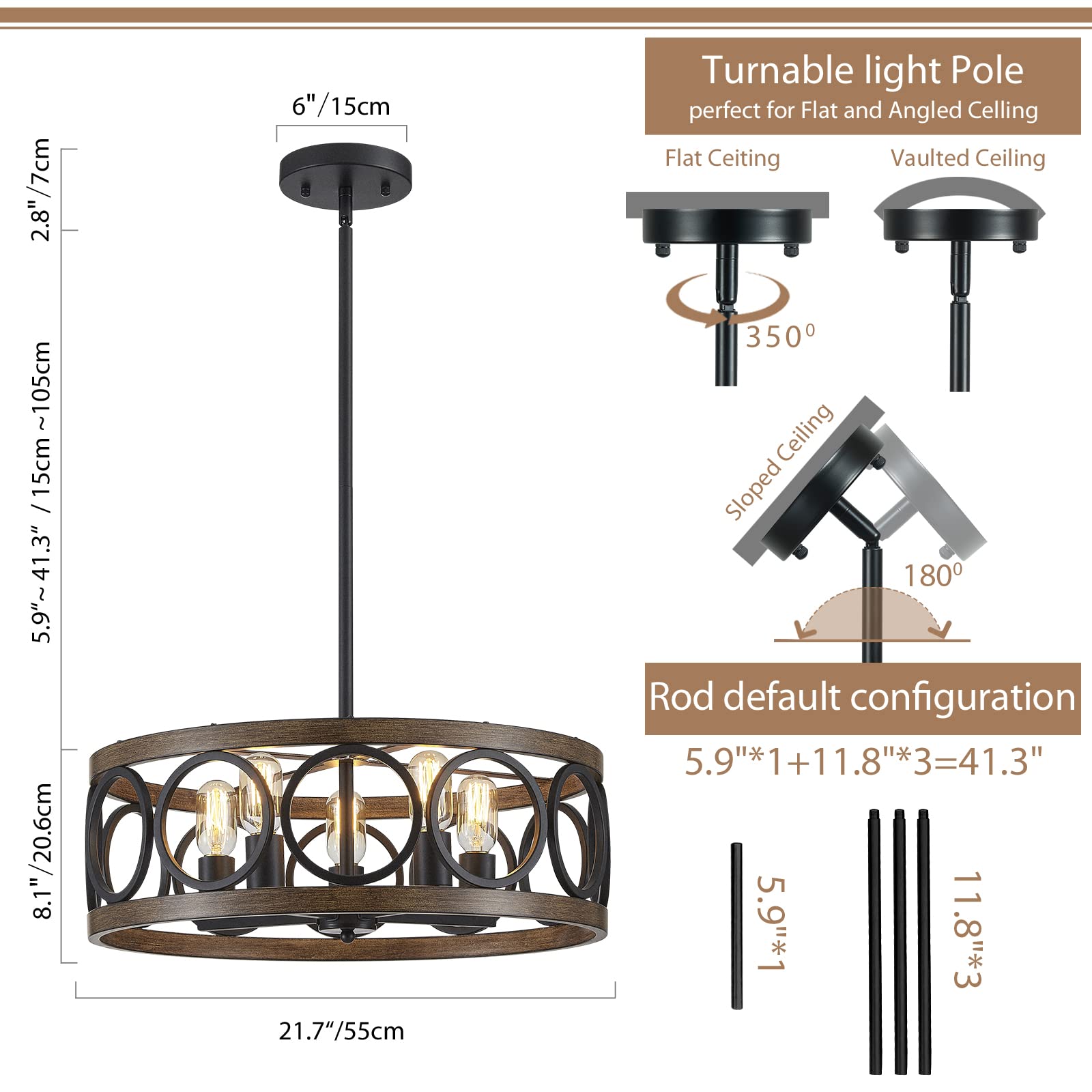 peskoe 5-Light Black Drum Chandelier, Modern Farmhouse Pendant Lighting for Dining Room, Kitchen, 22'' Metal & Wood Finish