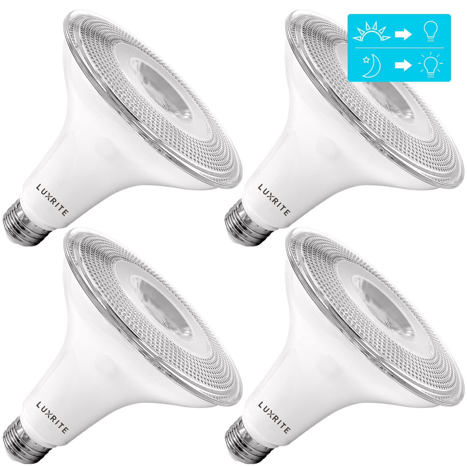 LUXRITE Dusk to Dawn PAR38 LED Bulb, 90W Equivalent, 1250 Lumens, 5000K Bright White, E26 Base, 4 Pack