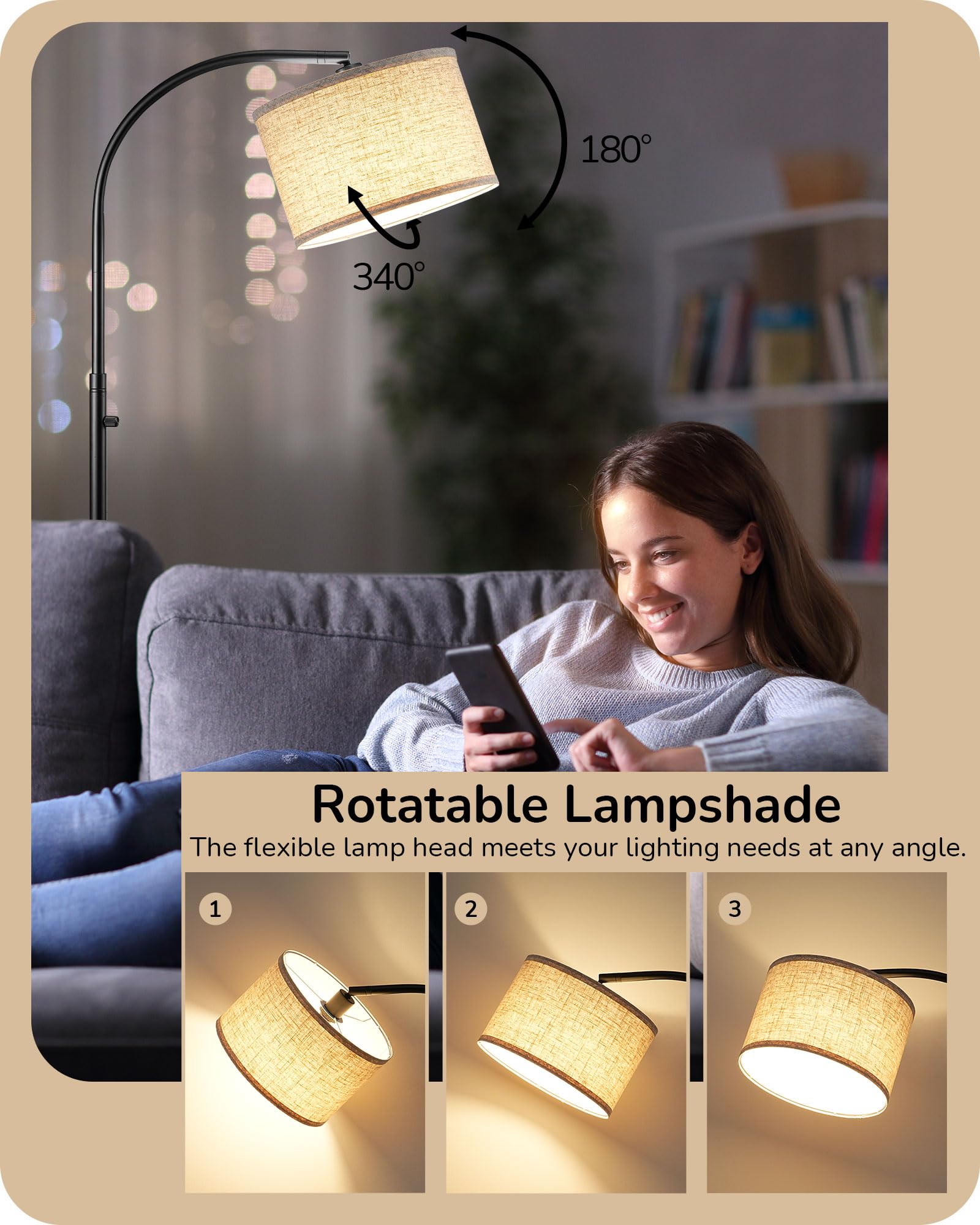 Edishine Black Arc Floor Lamp Dimmable, Standing Lights With Rotary Switch & Adjustable Line Lampshade, Tall Standing Lamp For B