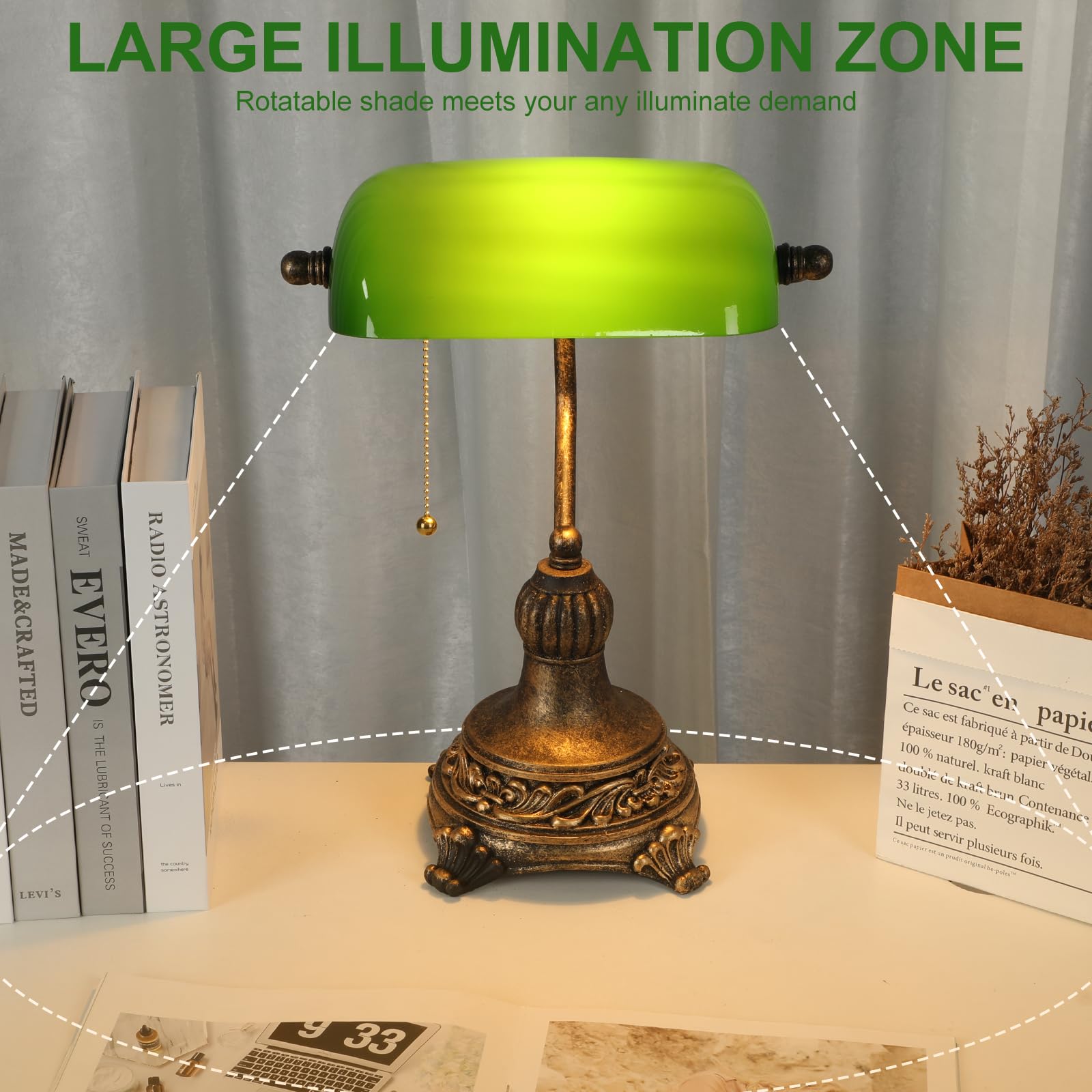 NISSAFORS Green Glass Bankers Lamp with Pull Switch, Retro Black/Gold Finish, Vintage Table Lamp for Home Office & Library, LED Bulb Included