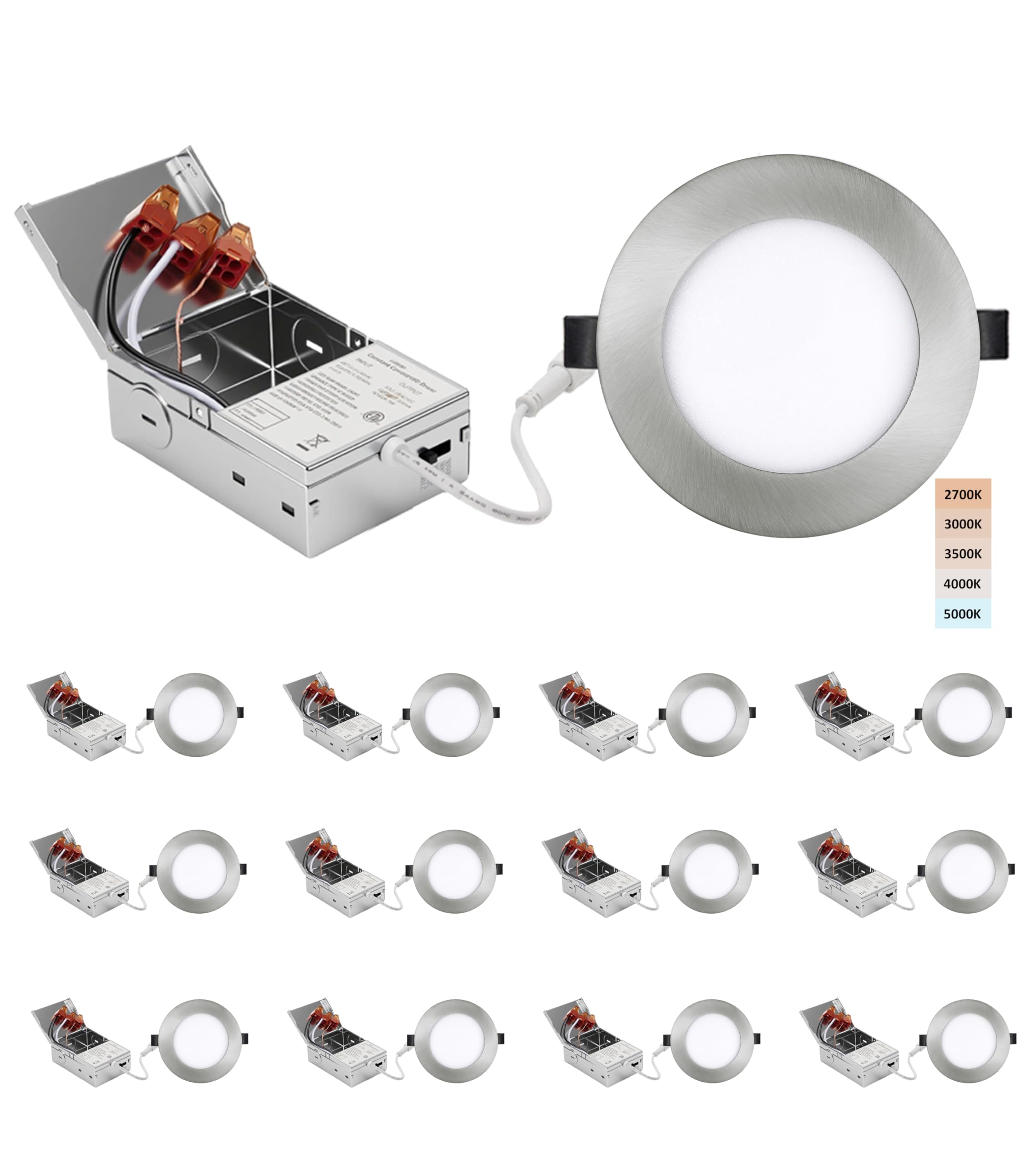 POPANU 4-inch LED Recessed Lights - Slim Recessed Ceiling Light with Junction Box, 9W 5CCT Canless Lighting Fixture, Dimmable, E