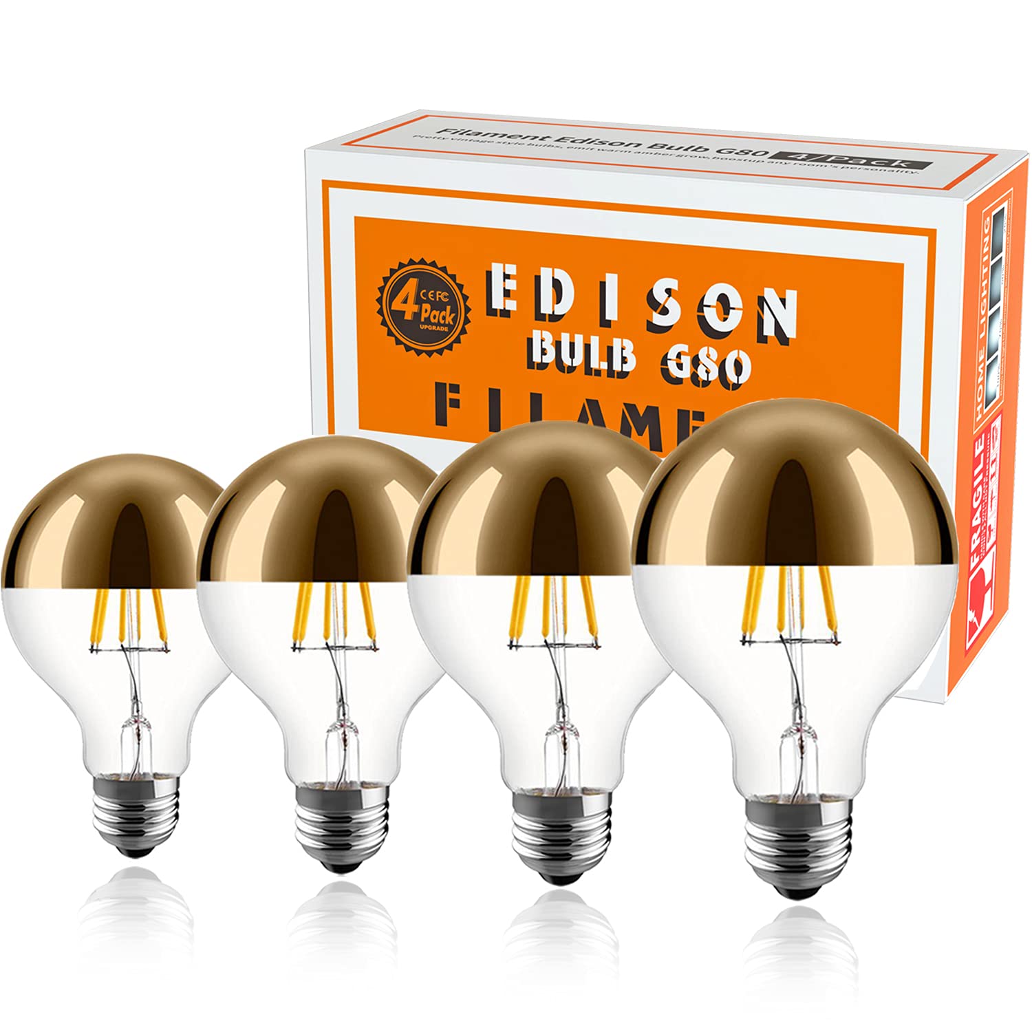 KarlunKoy Dimmable LED Edison Bulb G80/G25, 6W (60W Equivalent), Half Chrome, 2700K Warm White, Pack of 4