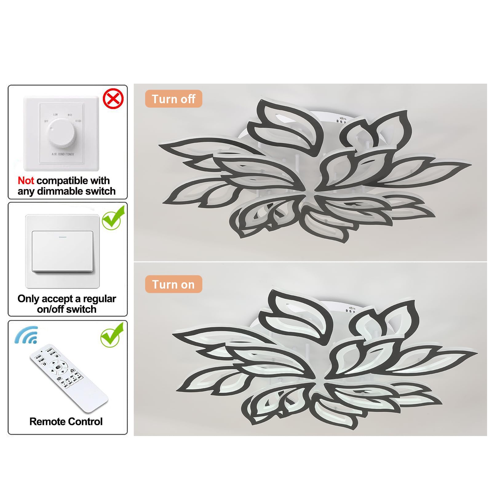 Garwarm Modern Ceiling Light  Dimmable Led Flower Flush Mount Ceiling Lamp  90W Acrylic Petals Ceiling Chandelier Lighting Fixture With Remote Control For Living Room Bedroom Dining Room (Black)