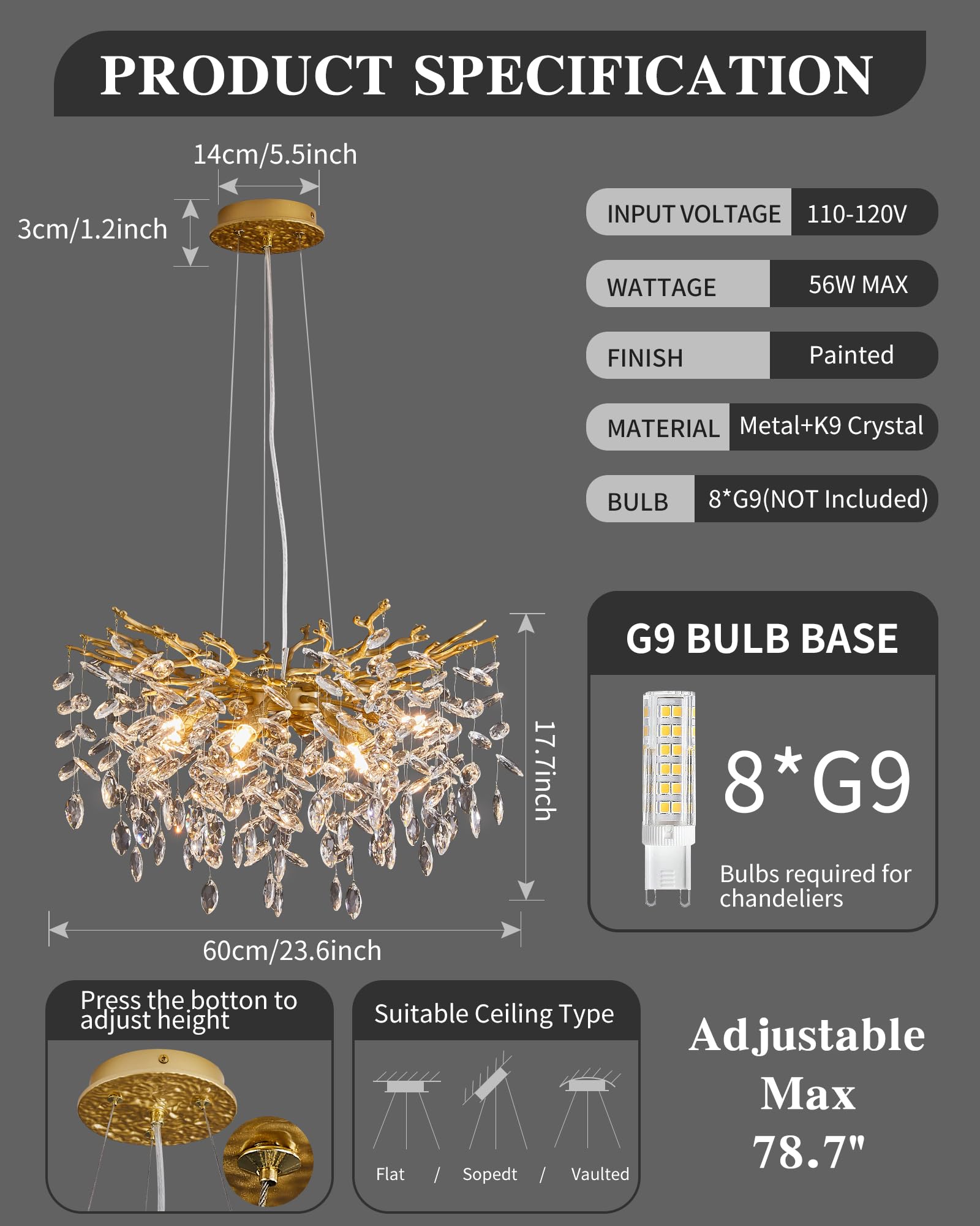 Modern Tree Branch Crystal Chandelier Luxury Gold Crystal Pendant Lighting 23.6'' Contemporary 8-Light Chandeliers For Dining Ro
