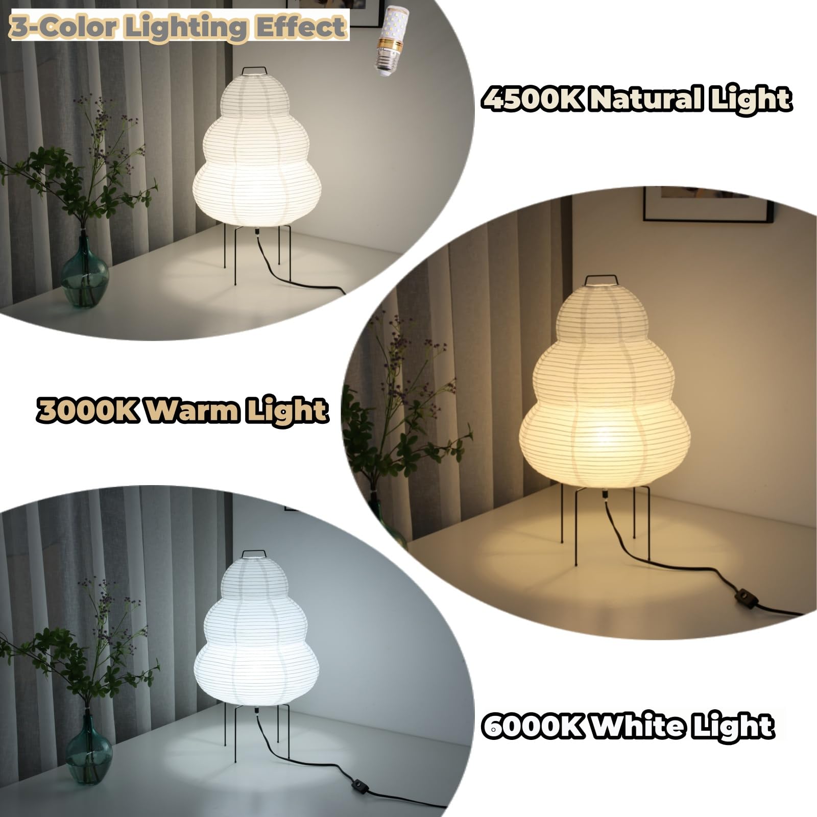 Noguchi Rice Paper Lamp, Akari Floor Lamp, Japanese Lantern Ideal For Bedside, Living Room, And Japandi D  Cor (Bulb Included)