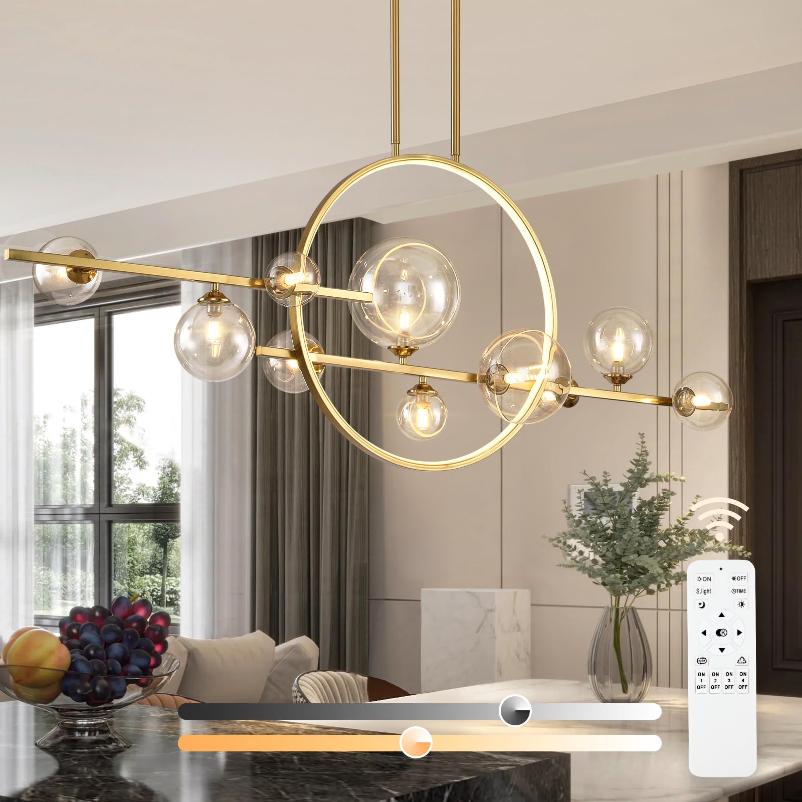 KELUOLY 10-Light Gold Kitchen Island Light  54 Modern Dimmable Mid-Century Dining Room Chandelier  Linear Sputnik Pendant Lights with Globe Clear Glass Shade for Dining Room Kitchen Island  bar