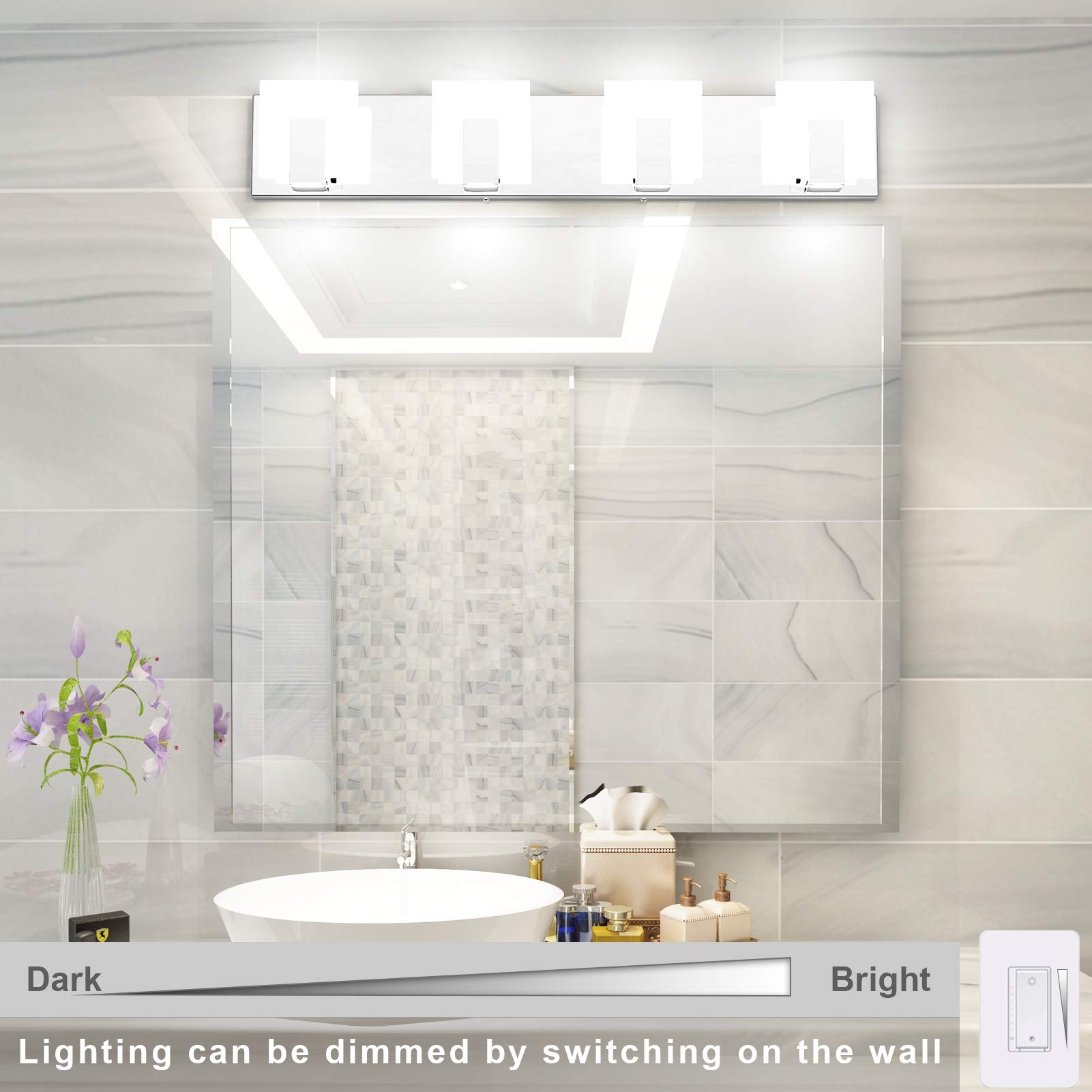 Aipsun 4 Lights Dimmable LED Vanity Light Chrome Frosted White Acrylic Model Ca-1105-4T-D