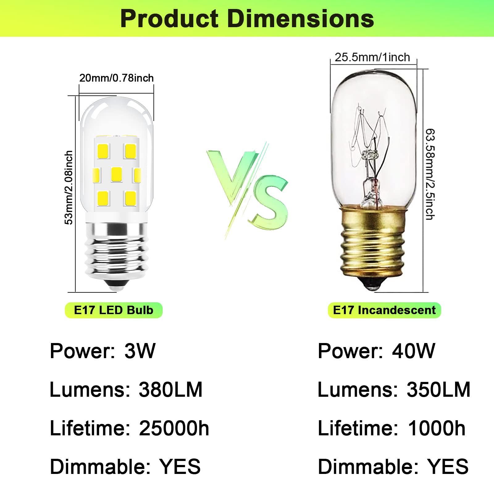 TAIYALOO LED Microwave Oven Bulb, 40W Equivalent, Dimmable, E17 Base, Natural White, Pack of 2, 380LM, 4000K