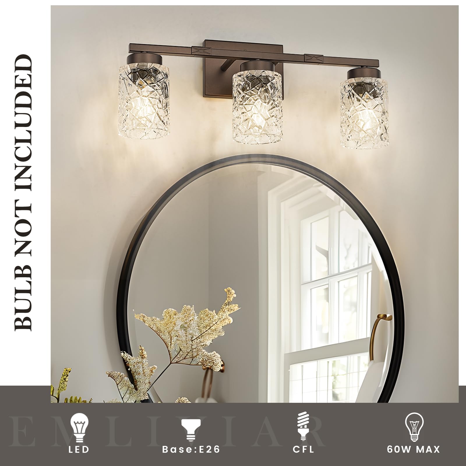Emliviar 3-Light Vanity Wall Sconce, Oil-Rubbed Bronze Metal Fixture, Model HE294B-3W ORB for Bathroom, Bedroom, Living Room