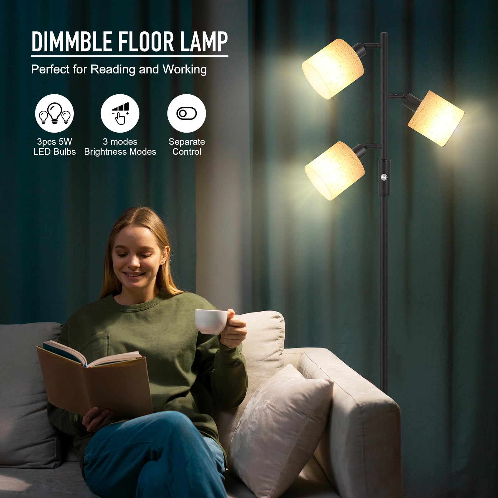Floor Lamps For Living Room, Standing Lamp, 3-Light Tree Floor Lamp With Lampshade, Reading Floor Lamp With Rotary Switch, 63''
