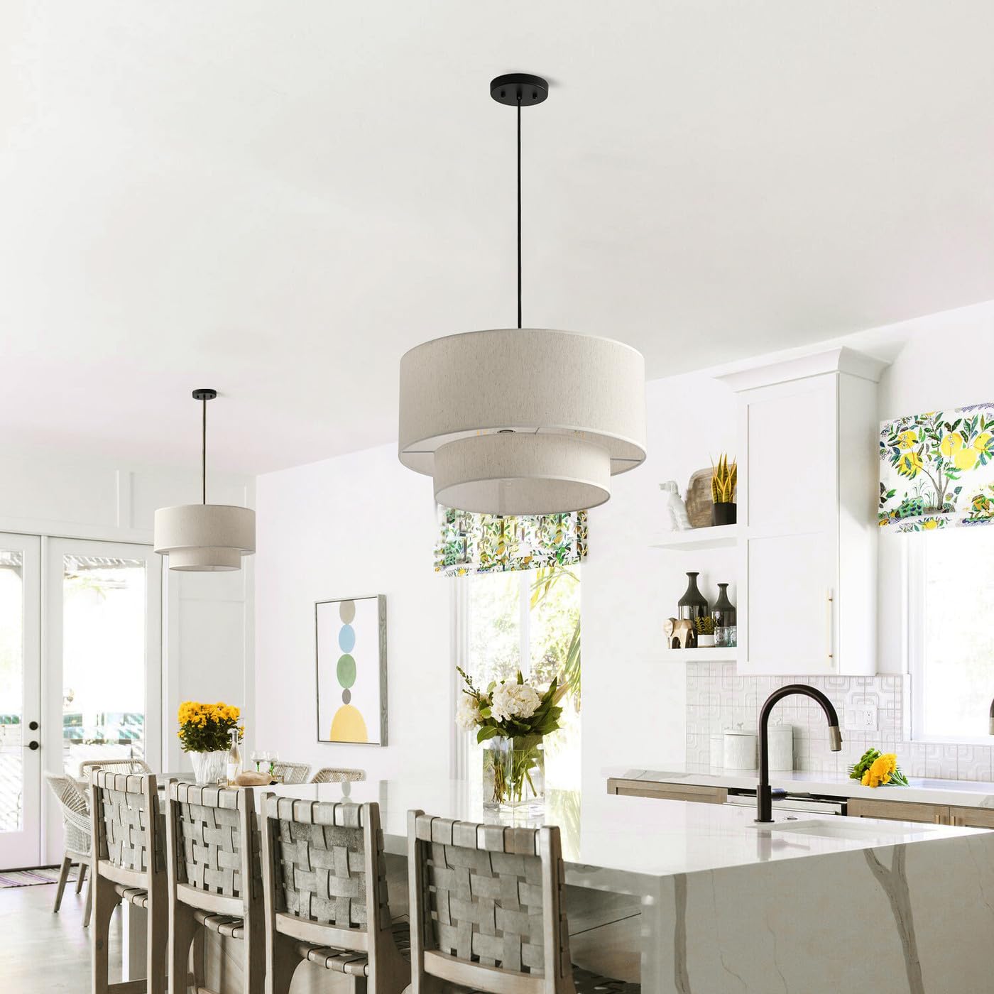 Aiwen Farmhouse Pendant Light - 20" 3-Light Off-White Drum Chandelier, Linen Lampshade, Model PAD-WH002 for Living Room, Kitchen, Dining Room