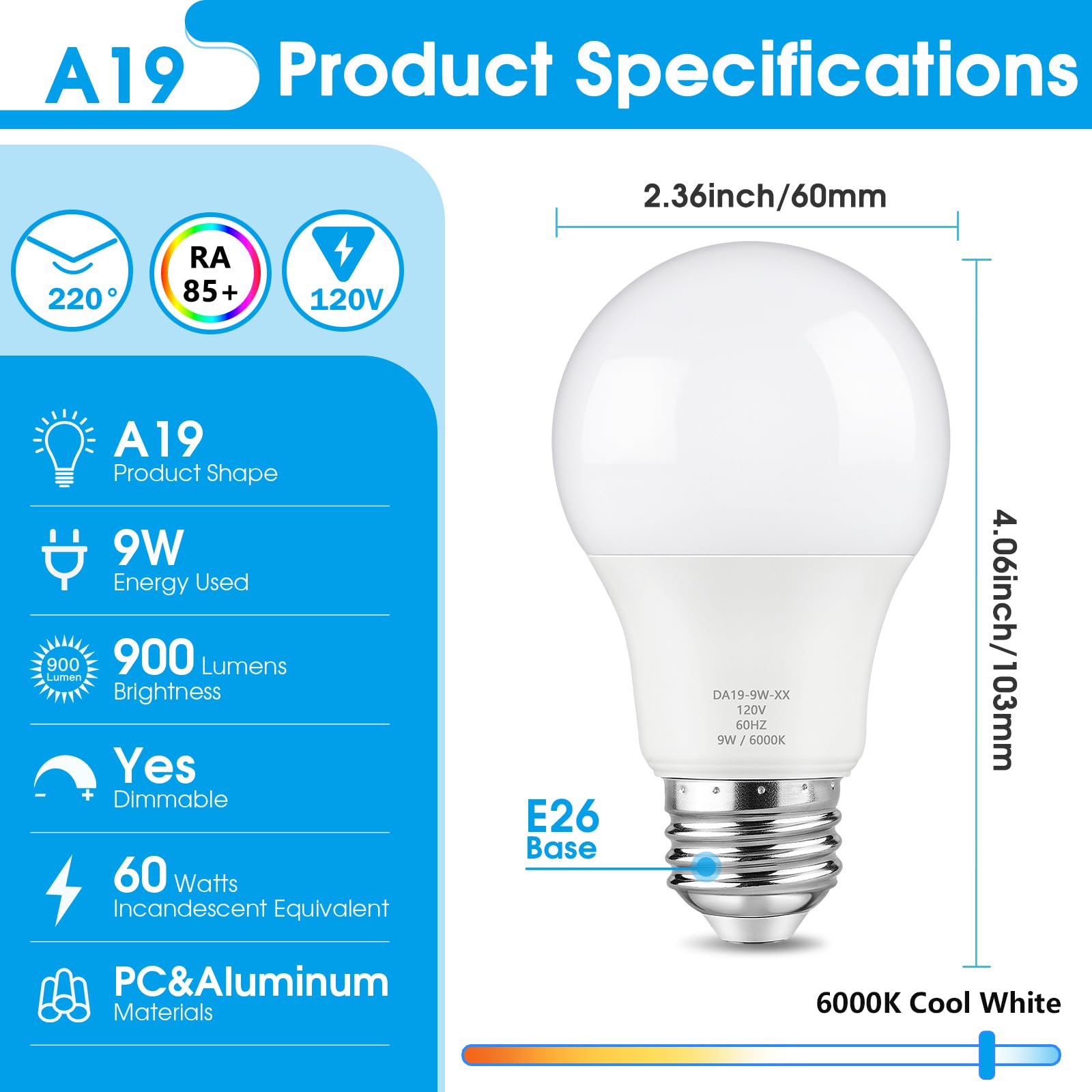 Maylaywood A19 Led Light Bulbs, 60 Watt Equivalent, Cool White 6000K, 900Lm, E26 Base, Dimmable, 9W Bright White Led Bulb, 12-Pa