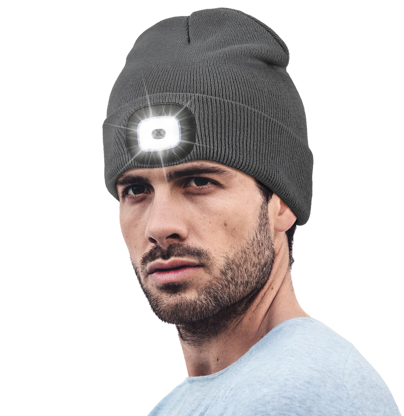 Hatlight Uni  Led Beanie  Hands Free Headlamp Usb Rechargeable Winter Flashlight Knitted Hat  Christmas Stocking Stuffers Gifts For Men Husband Dad Dark Grey