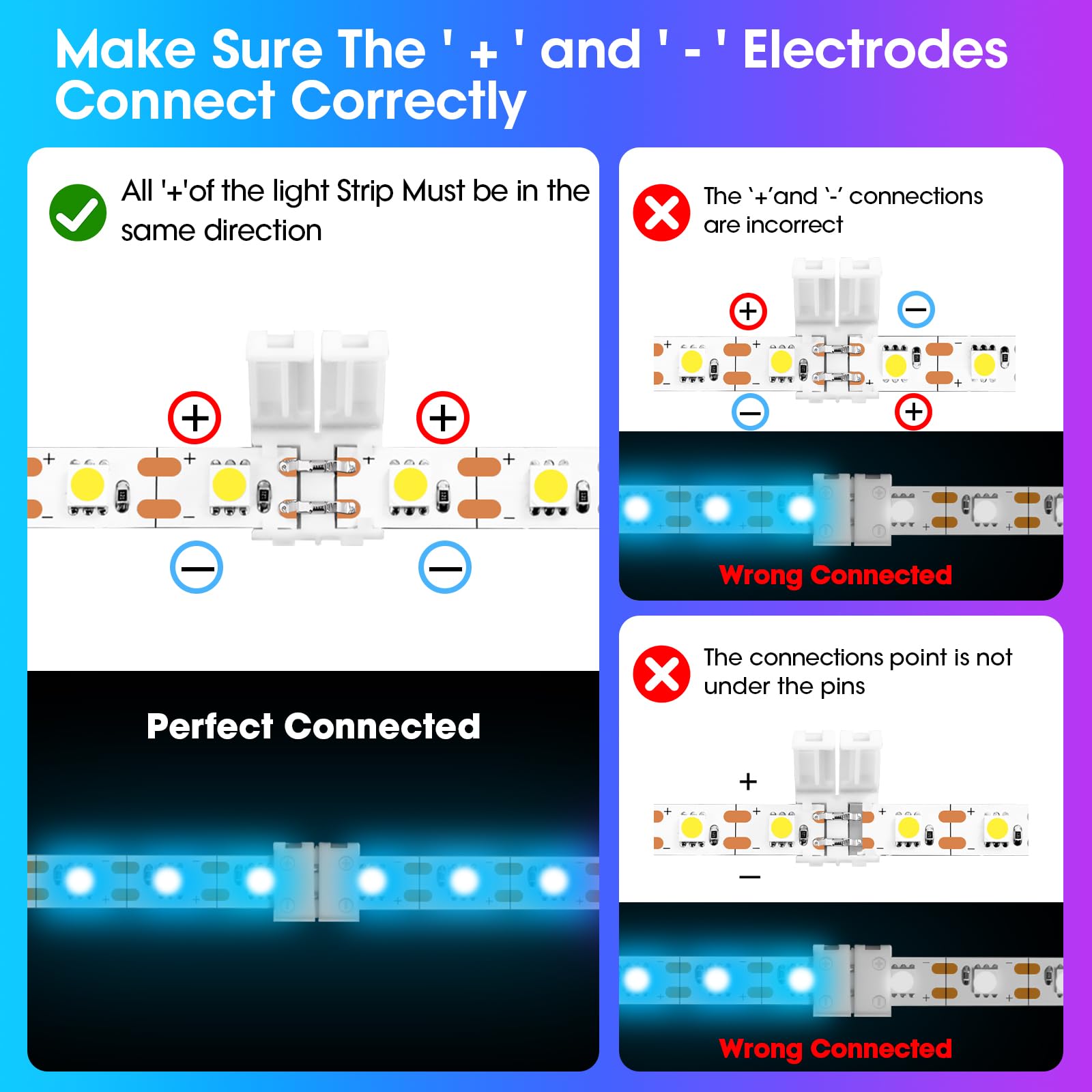 Wenhsin 10-Packs 2-Pin Led Connectors For Led Strip Lights 8Mm Width Unwired Gapless Solderless Adapter Extension