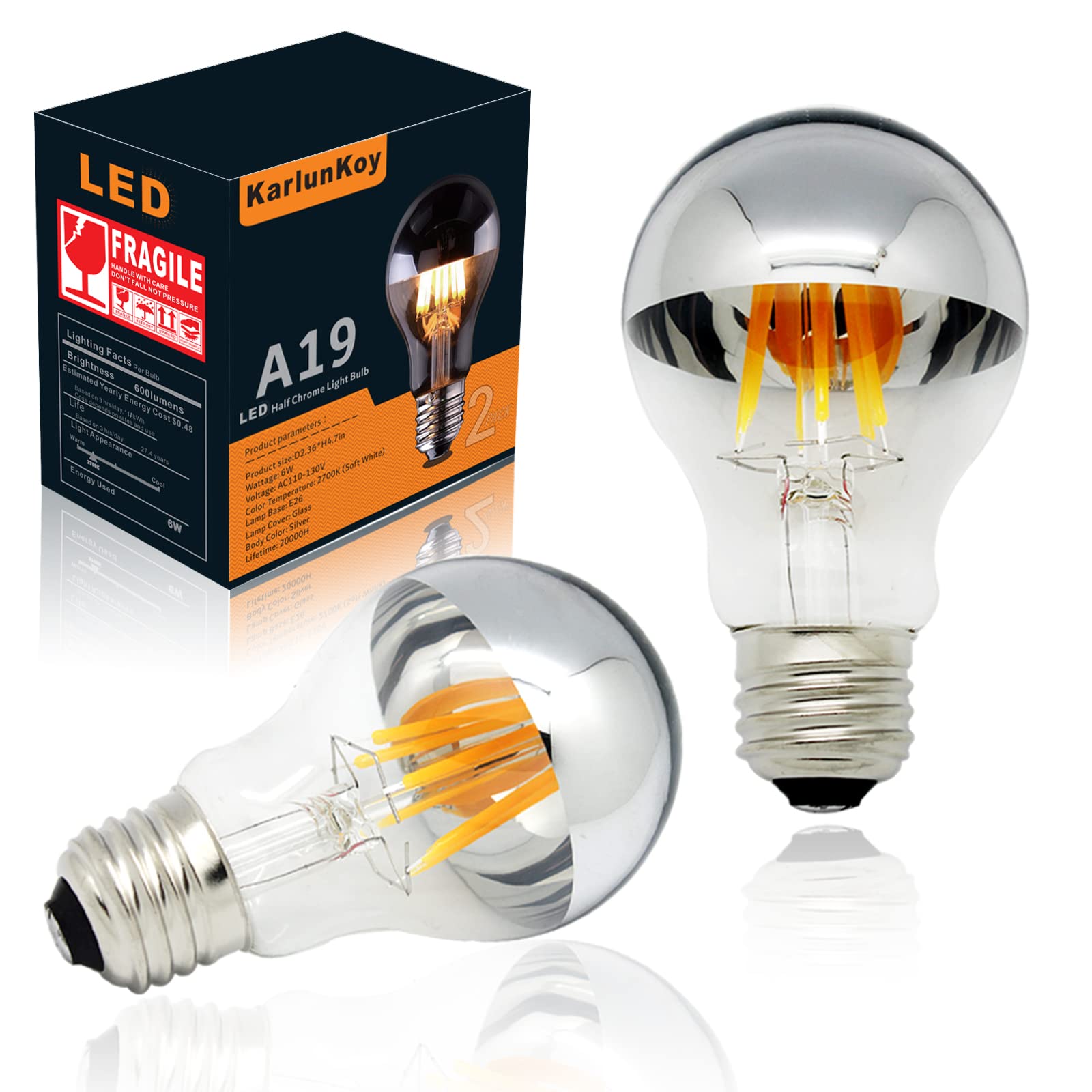 KarlunKoy Dimmable LED Edison Bulb 6W (60W Equivalent) A19 Silver Mirror 2700K Warm White Pack of 2