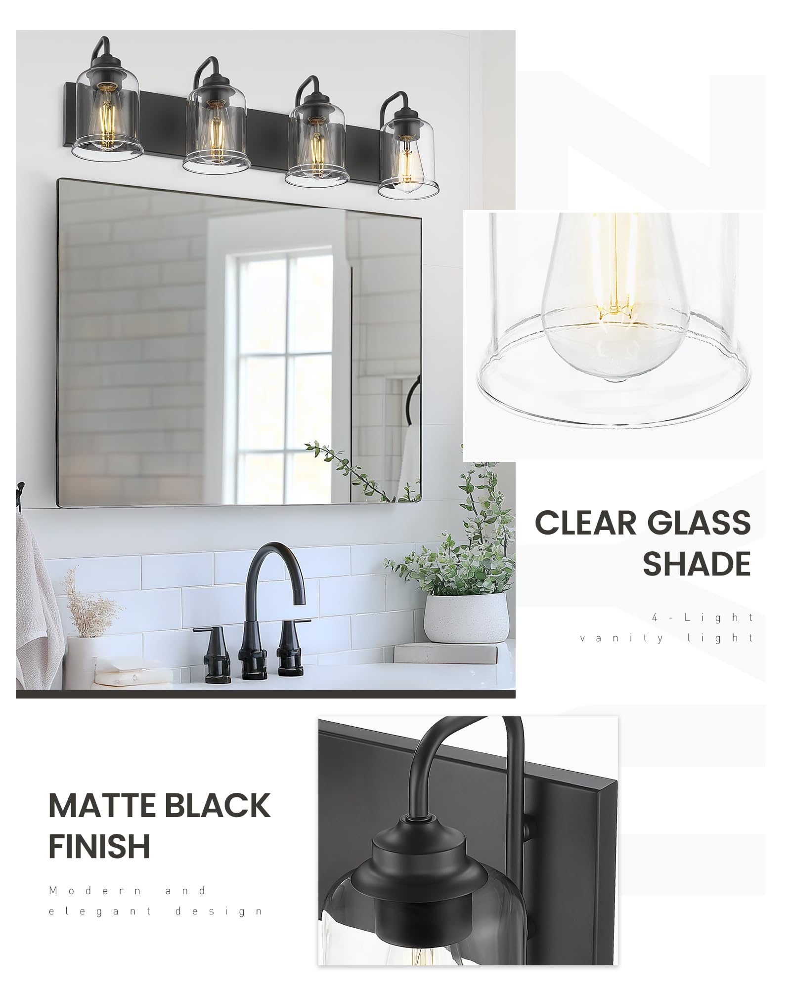 Zeyu Modern Bathroom Light Fixtures  4 Light Vanity Lighting  28.5 Bathroom Mirror Wall Light  Matte Black Finish With Clear Glass Shade  Zsl72B-4W Bk