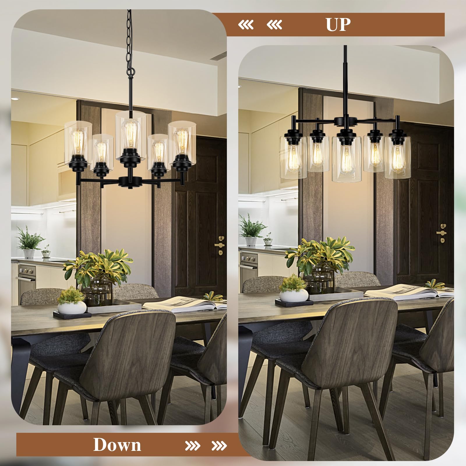 Sucolite 5-Light Black Chandelier, Modern Farmhouse Pendant Lighting With Clear Glass Shades