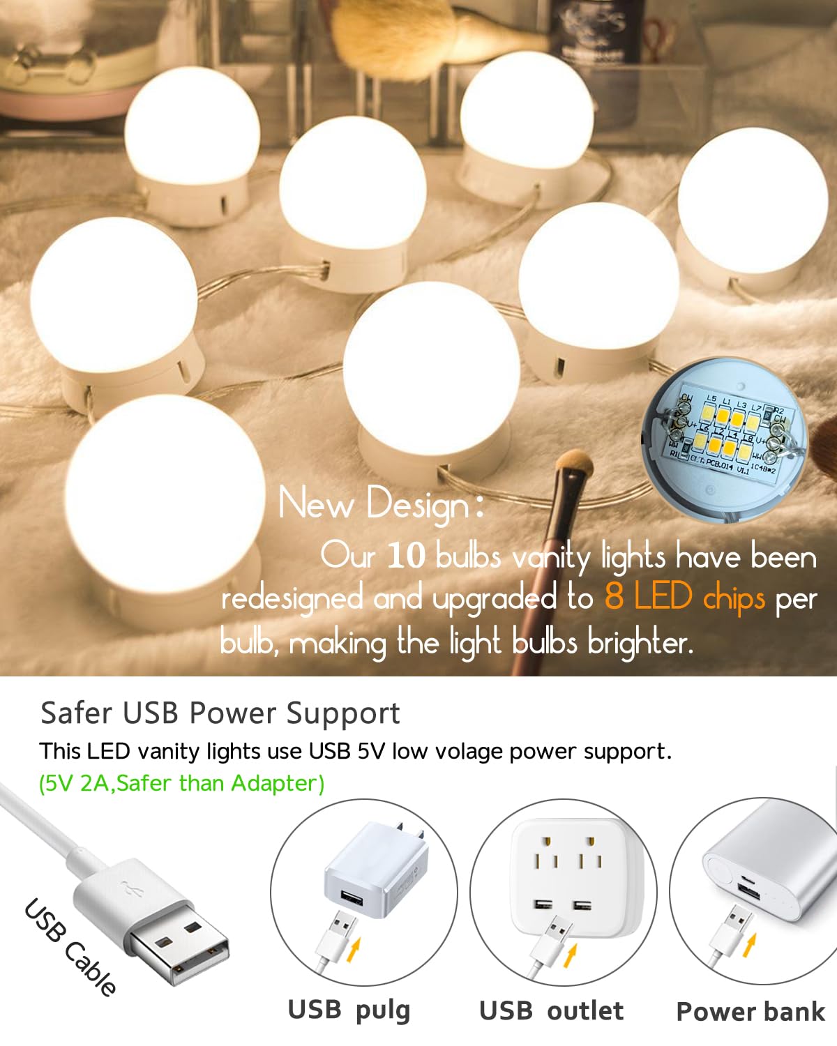 Heloie Led Vanity Mirror Lights,15 Ft Vanity Lights For Makeup Dressing Mirror Lighting,10 Dimmable Bulbs,Adjustable Light Color