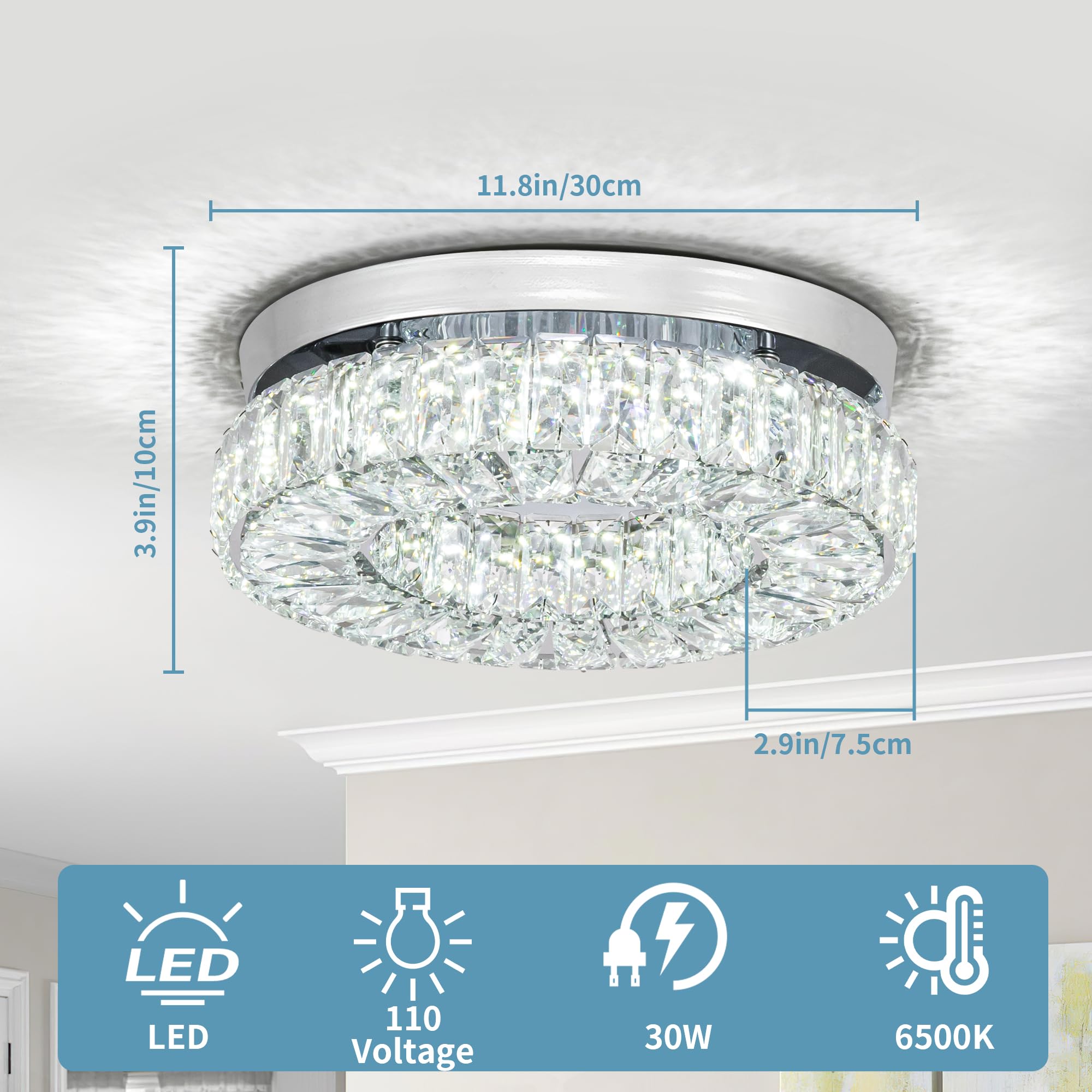 11.8Modern Crystal Chandeliers Flush Mount Ceiling Light Fixture Led Chandeliers With Crystals Hallway Light Bedroom Chandelier